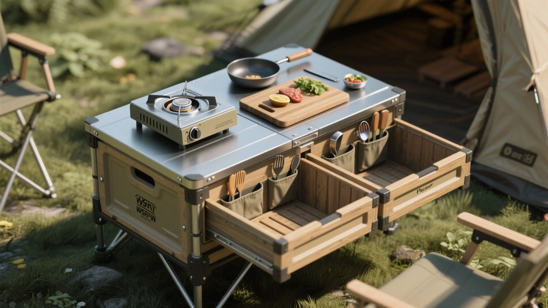2) Collapsible prep island with integrated stove