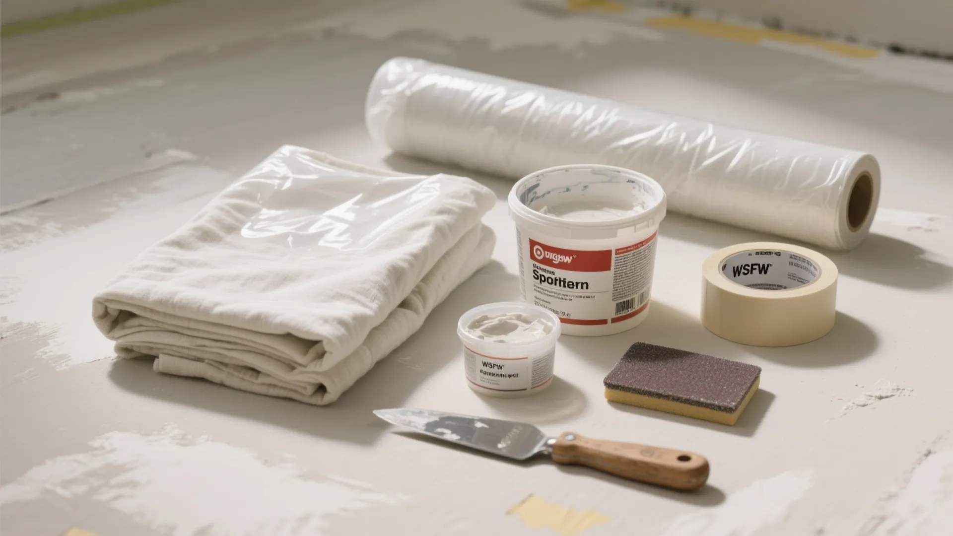 Wall repair kit including white putty cans tape sponge small tool and plastic cover roll