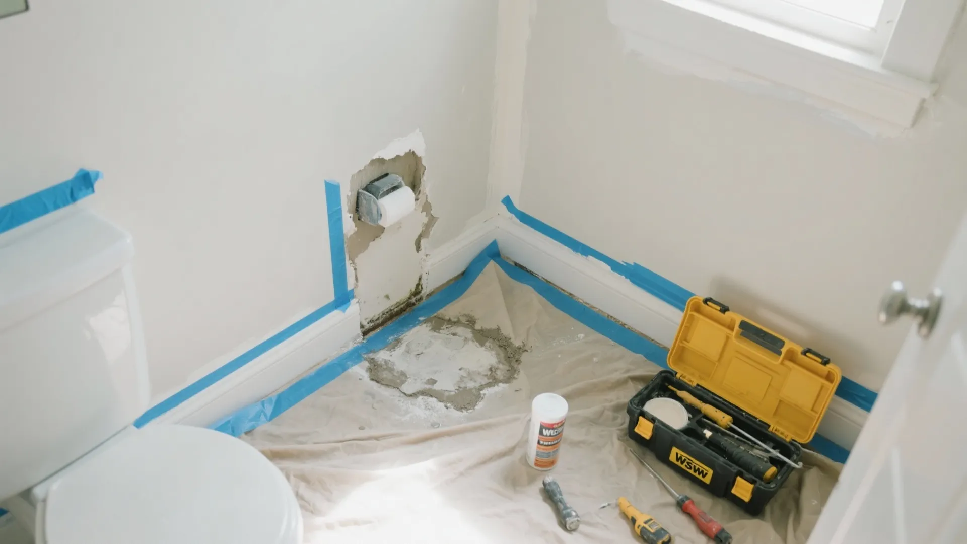 Top-down view of masking, sanding, and mildew cleaning during bathroom prep.