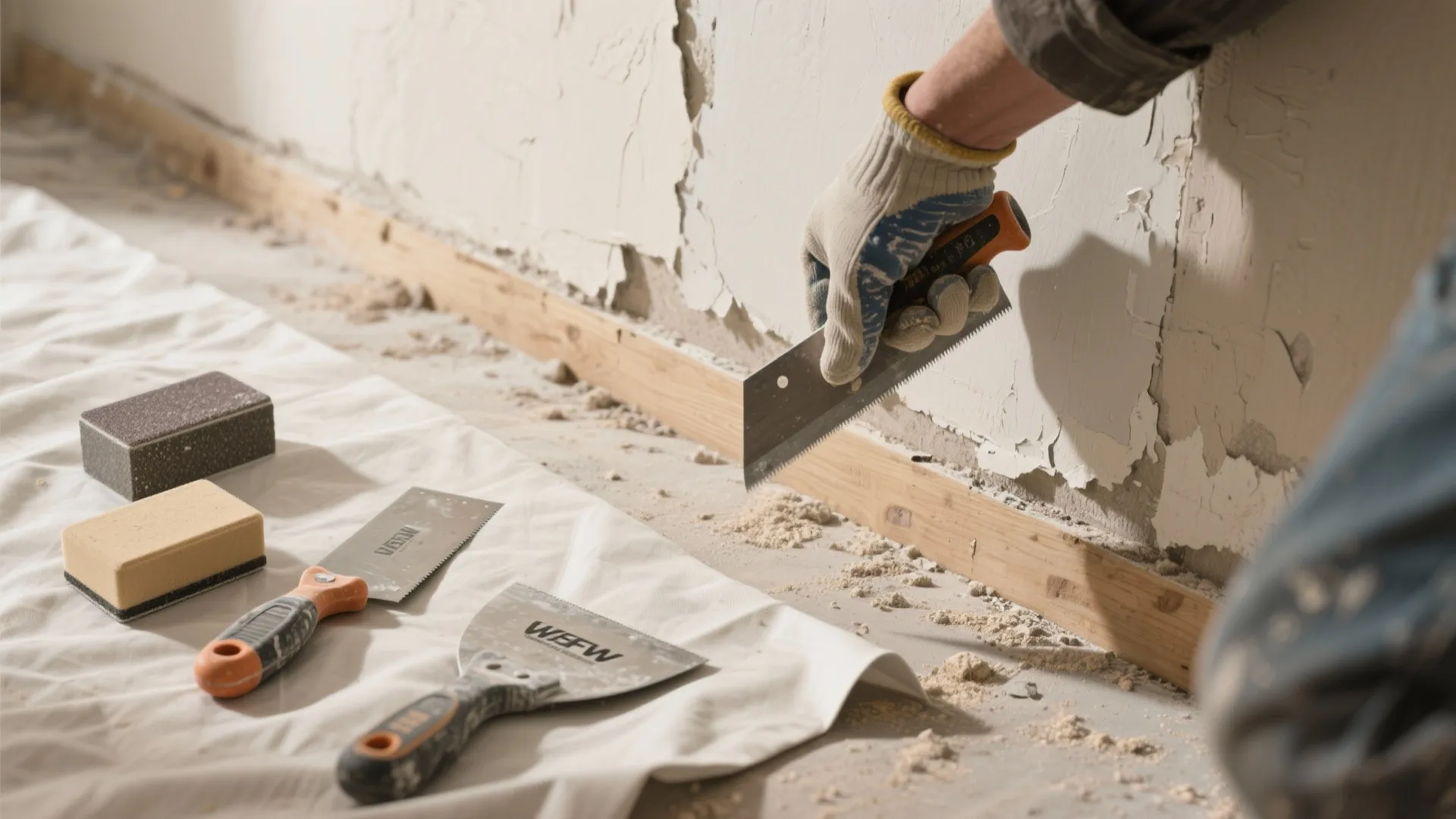 Person in gloves using a scraper on a damaged wall with various repair tools nearby indoors