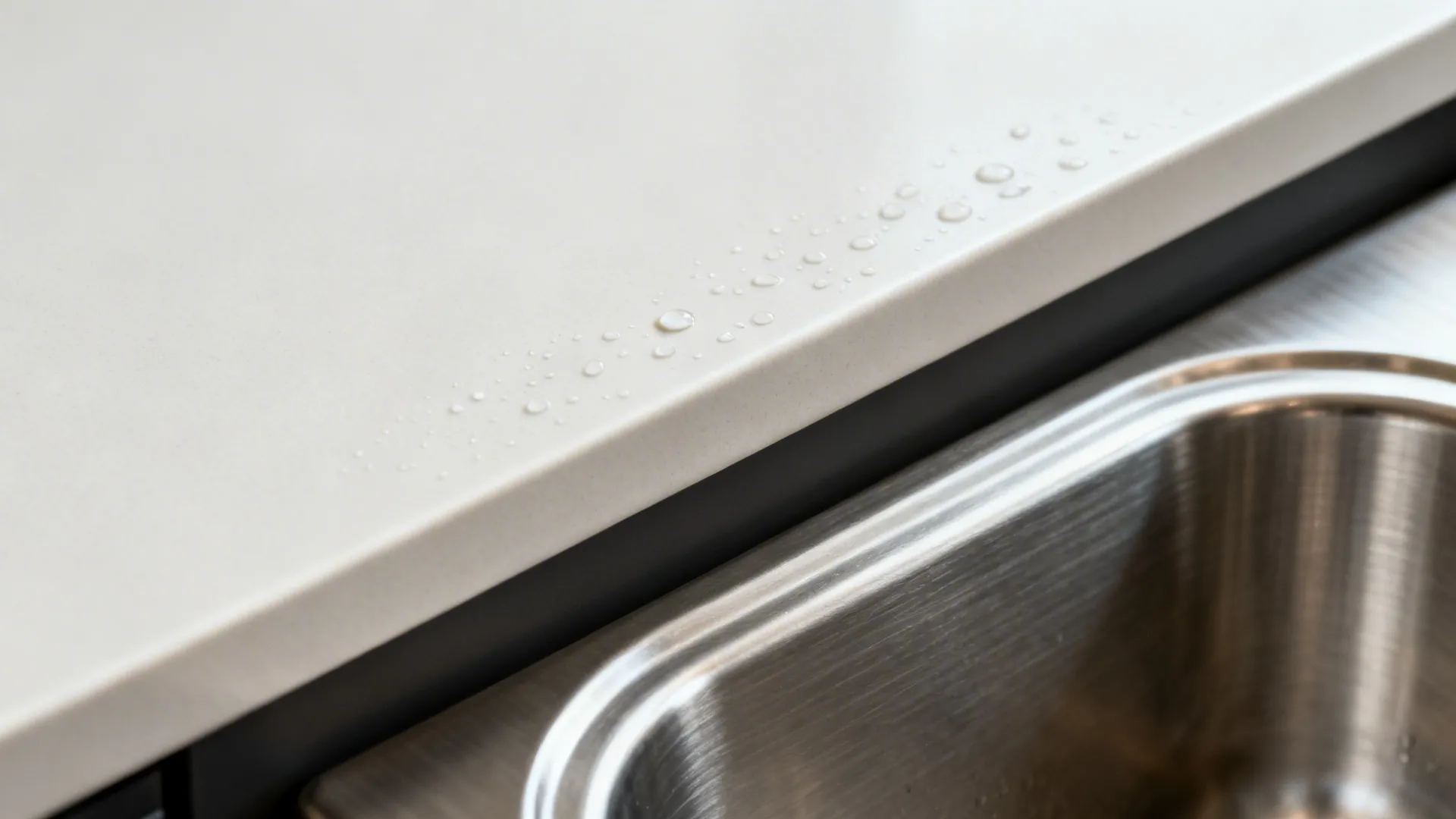 Macro of matte porcelain counter upstand meeting a brushed 304 stainless sink with clean edges.