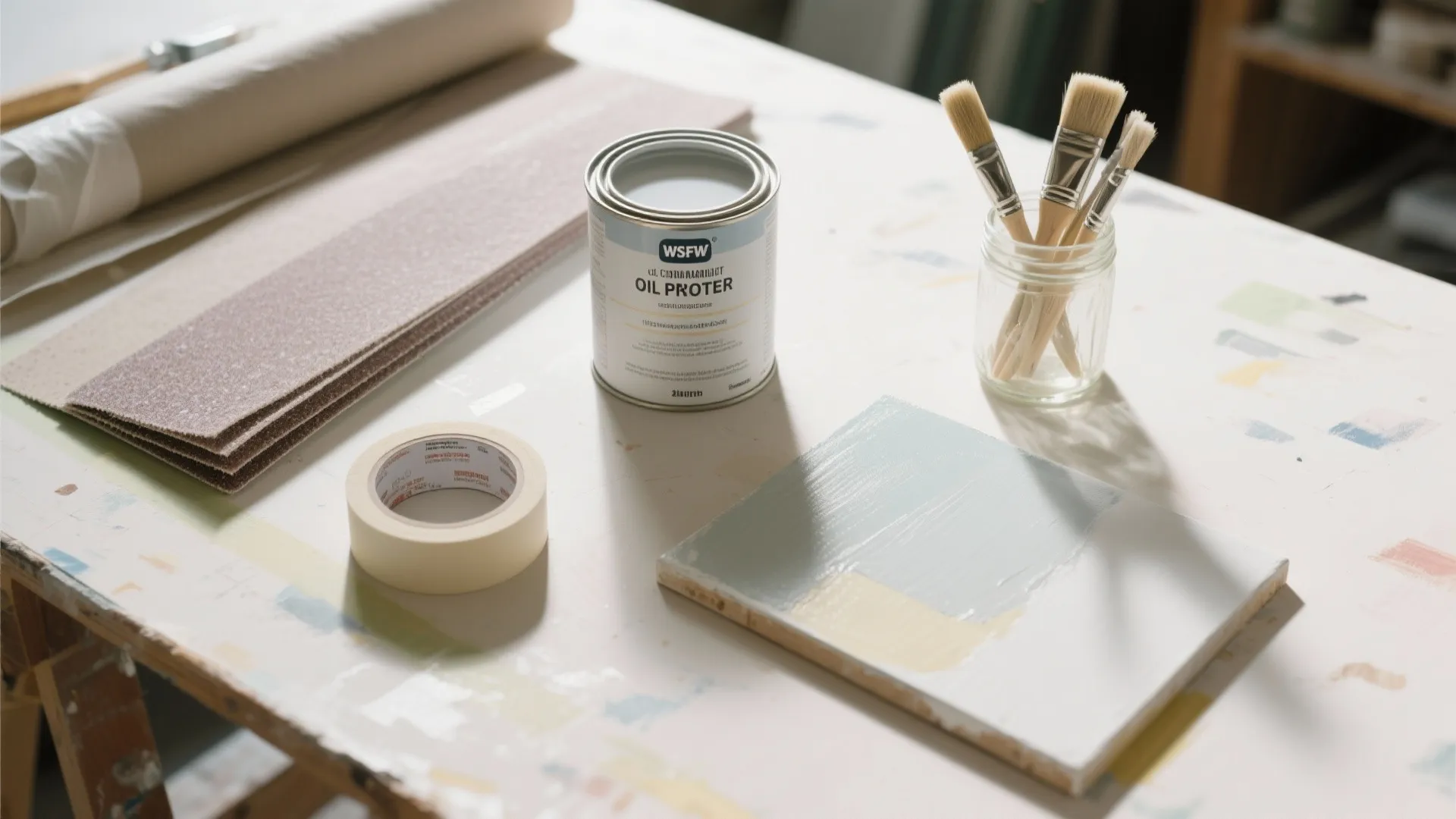 Table with paint can, brushes in glass jar, tape, sandpaper, and painted wood sample board