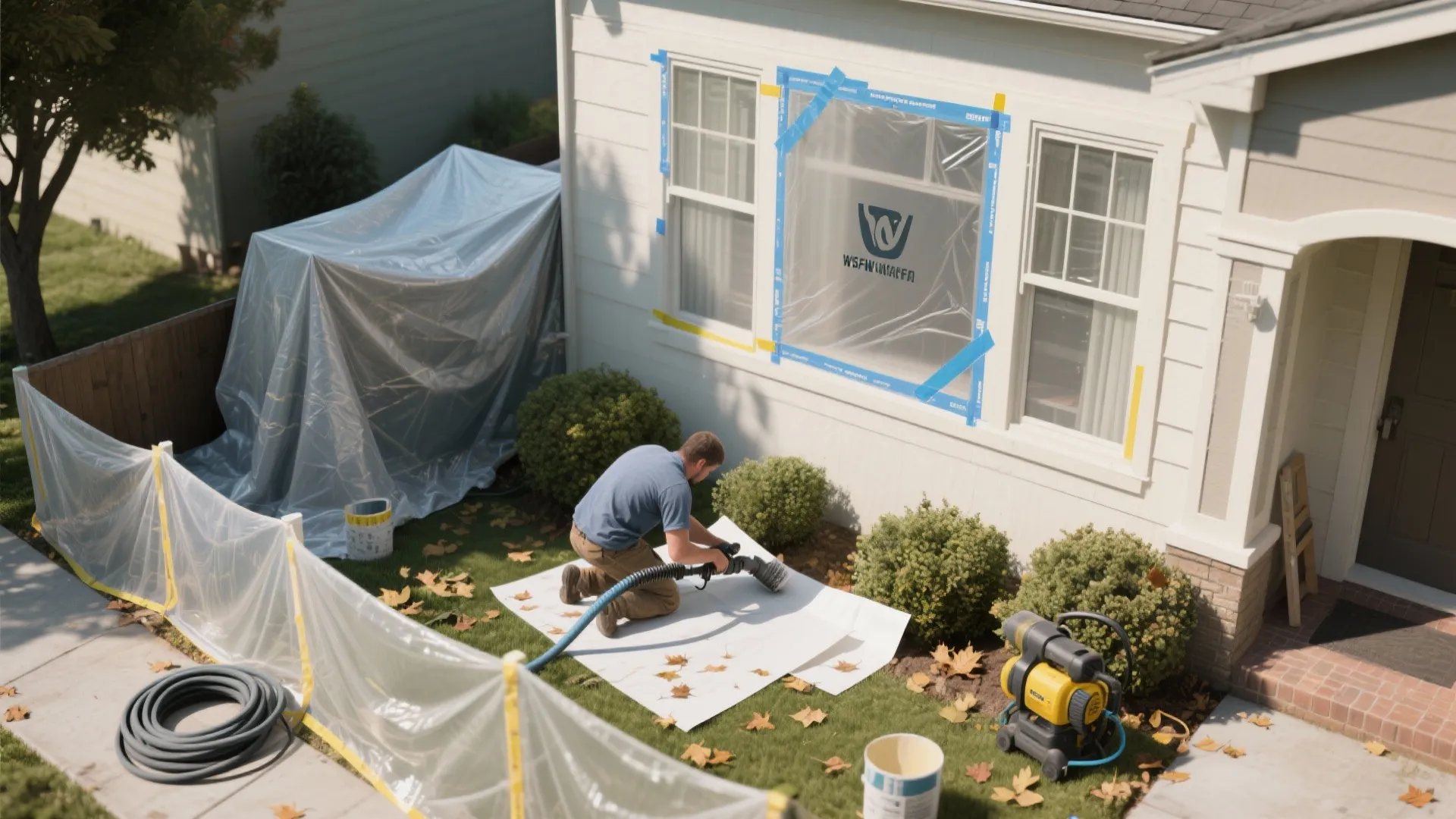 Man preparing house exterior for painting by covering windows with plastic and using a vacuum machine