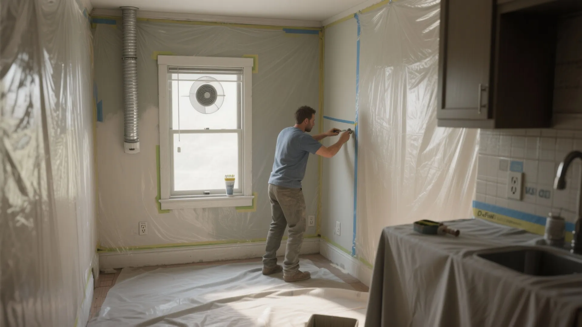 Man preparing room for painting by covering walls and floor with protective clear plastic sheets