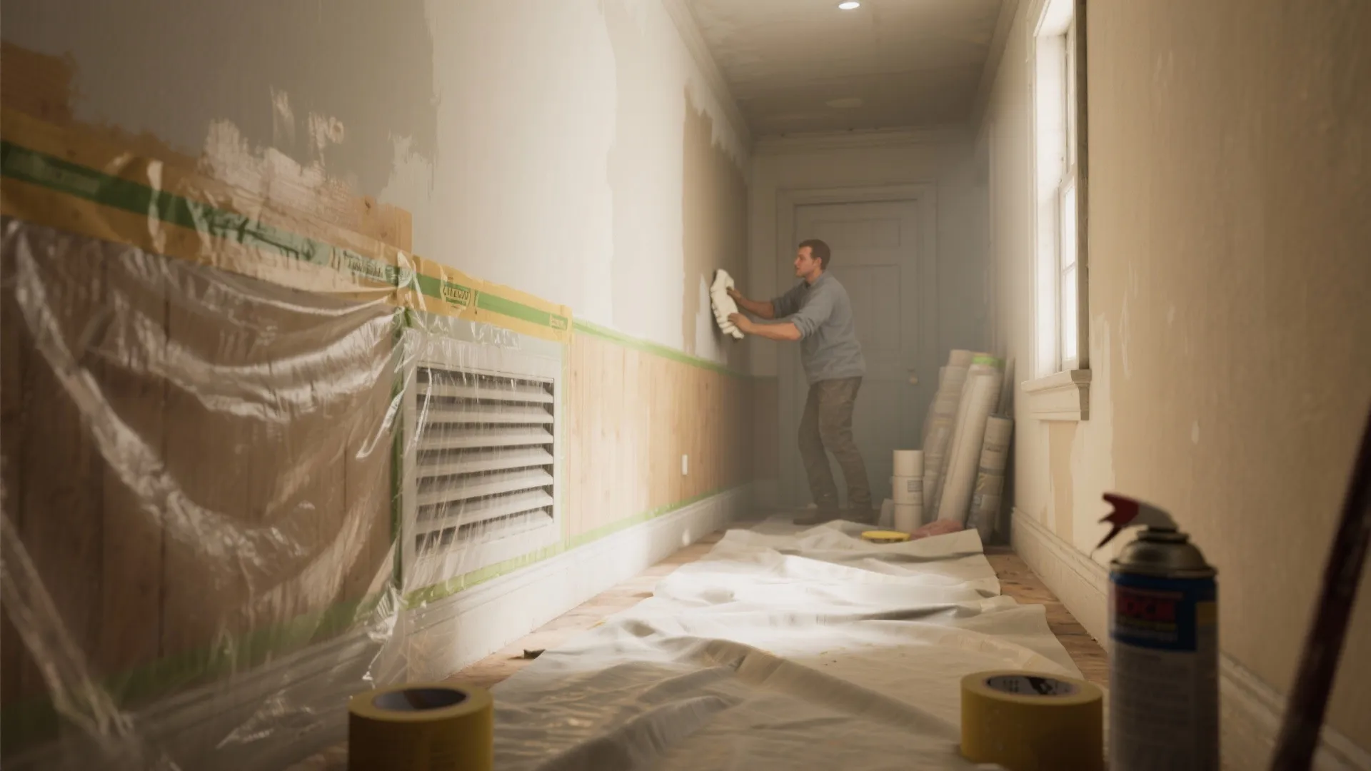 Painter taping trim, sealing vents and using a tack cloth in a small room before spray painting.