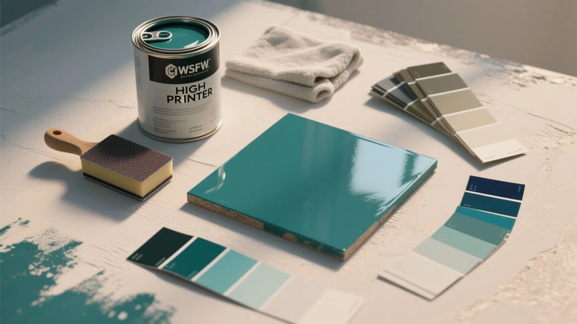 Teal paint can with color swatches plus small green tile and painting tools on table