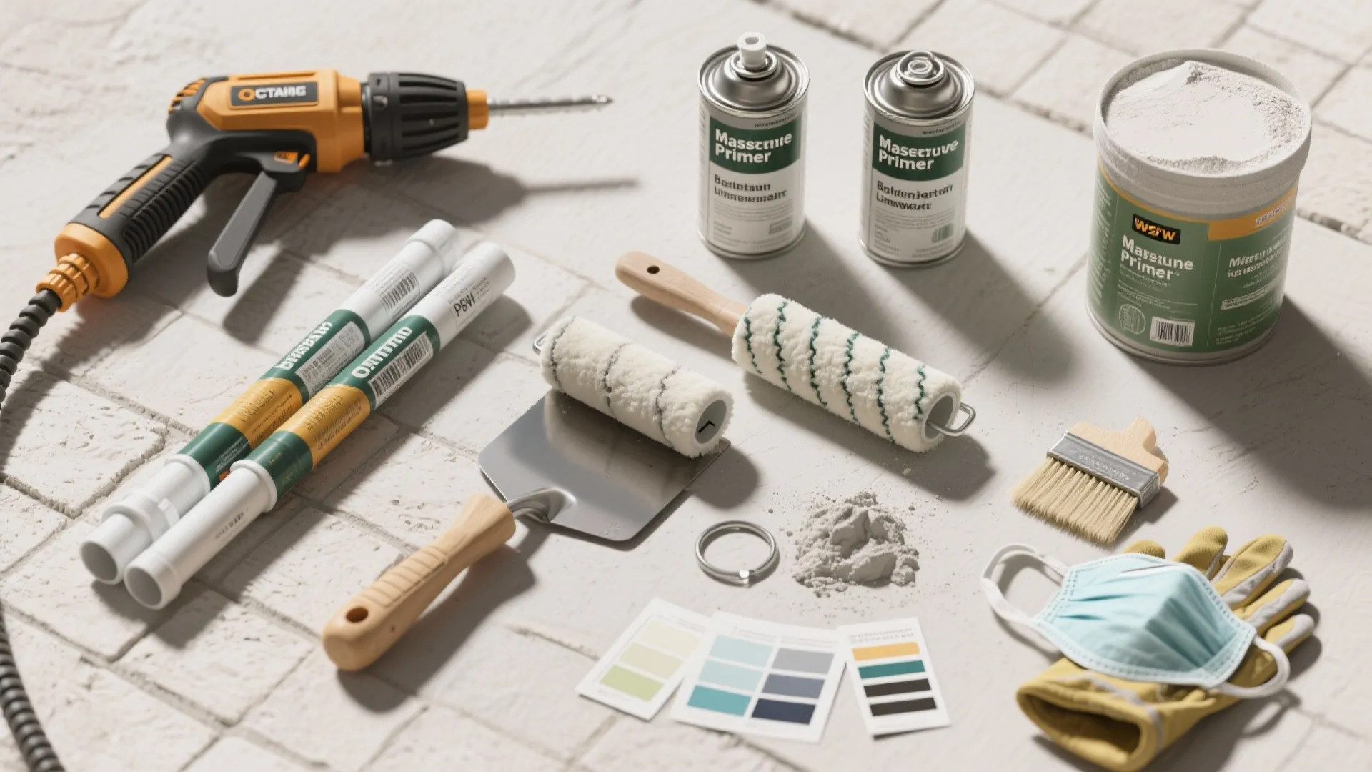 Various home renovation tools including drill paint rollers brush primer cans gloves and colorful palette