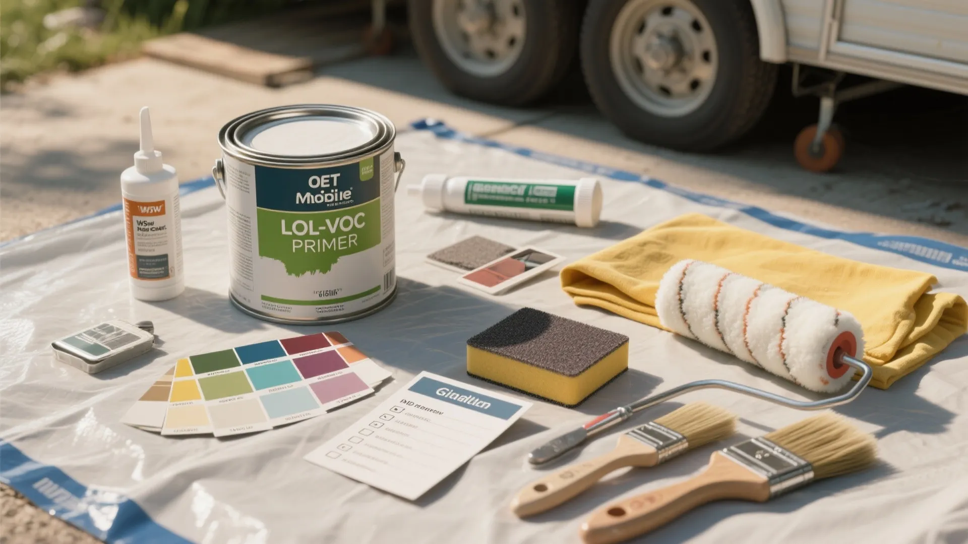 Painting supplies including primer can, color palette, paint brushes, roller, and sponge on plastic sheet