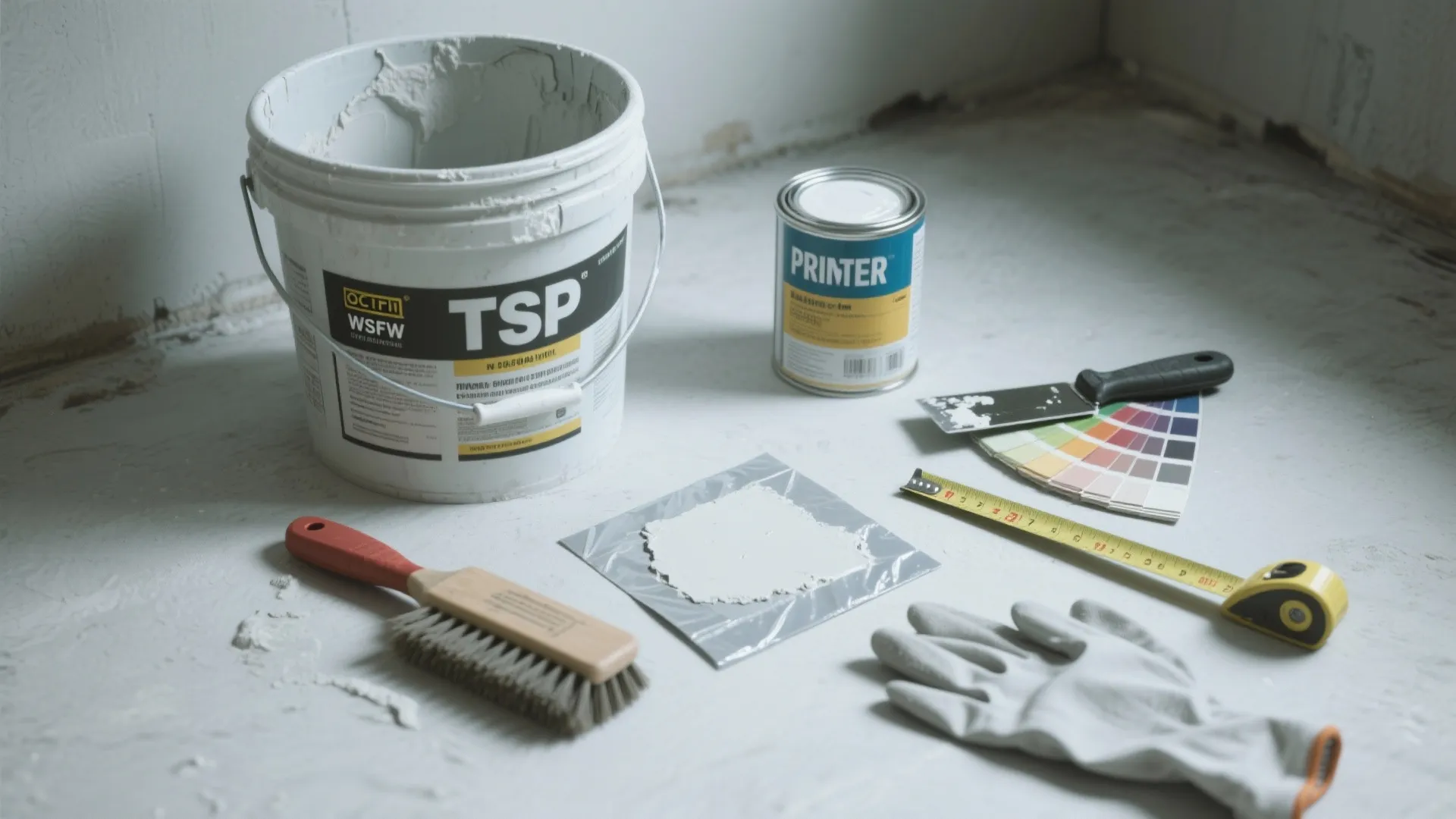 Home renovation tools including paint bucket, brush, tape measure, color swatches, and gloves on floor
