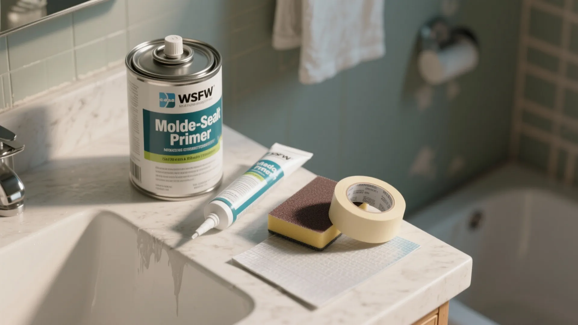 Bathroom sink counter with primer paint can, glue tube, cleaning sponge, and rolls of tape
