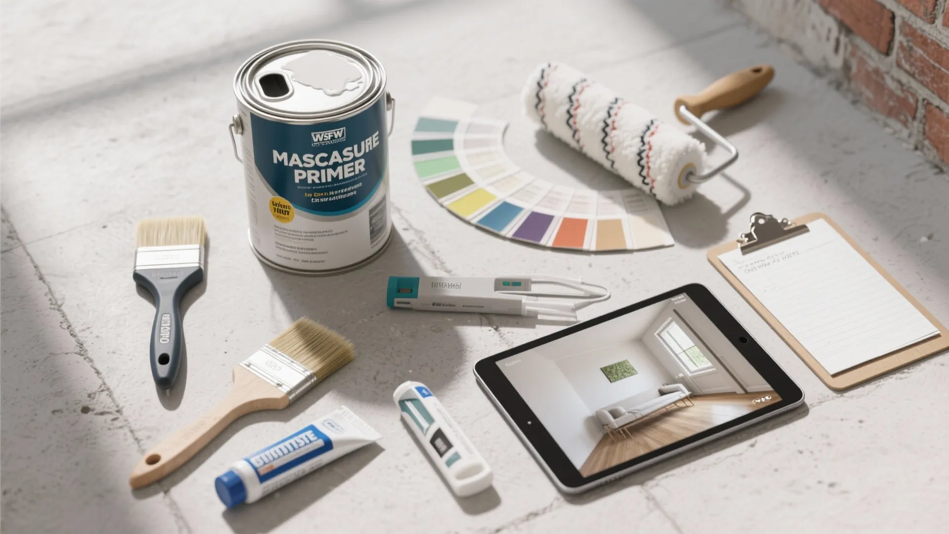 Paint can, brushes, roller, color swatches, and a tablet showing a room on concrete floor
