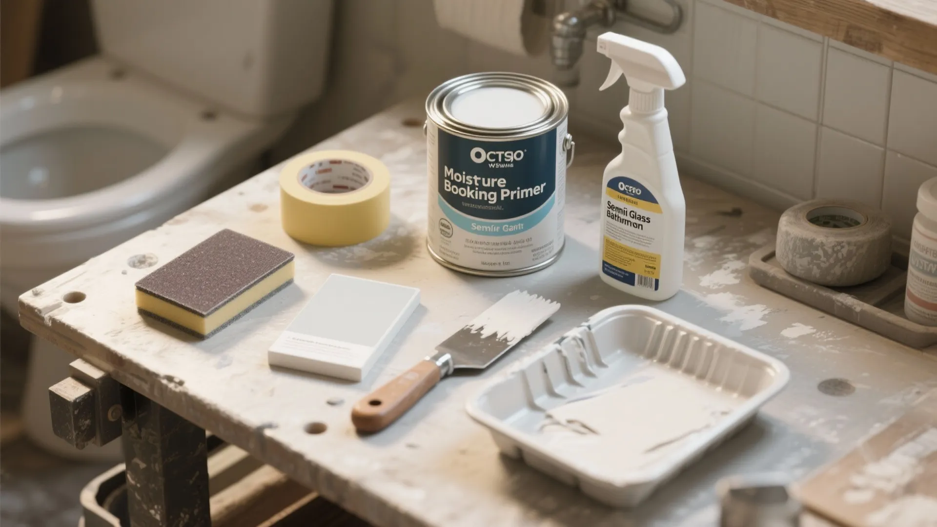 Painting tools with primer can and brush and tape and sponge on a work table