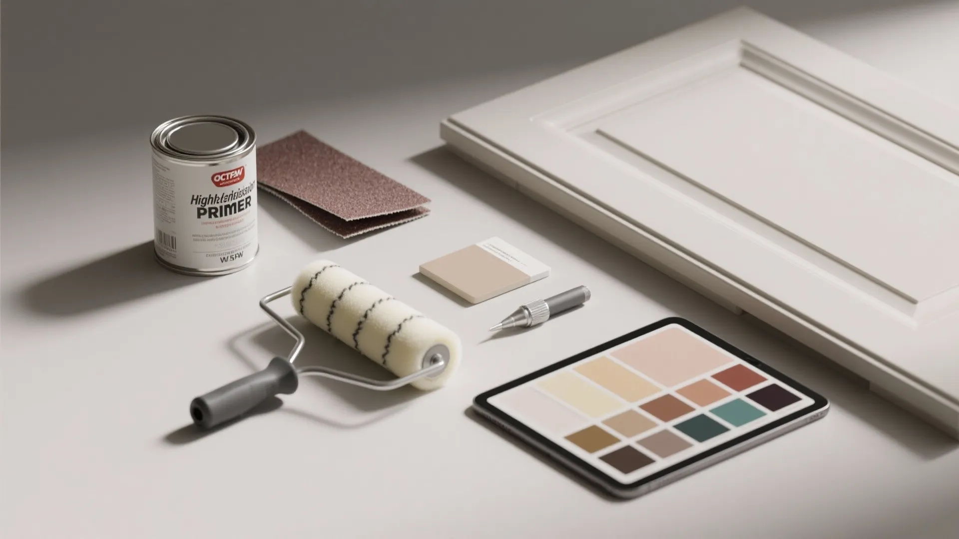 Flatlay of prep materials: primer, sandpaper, rollers, color sample door and swatches for cabinet painting.