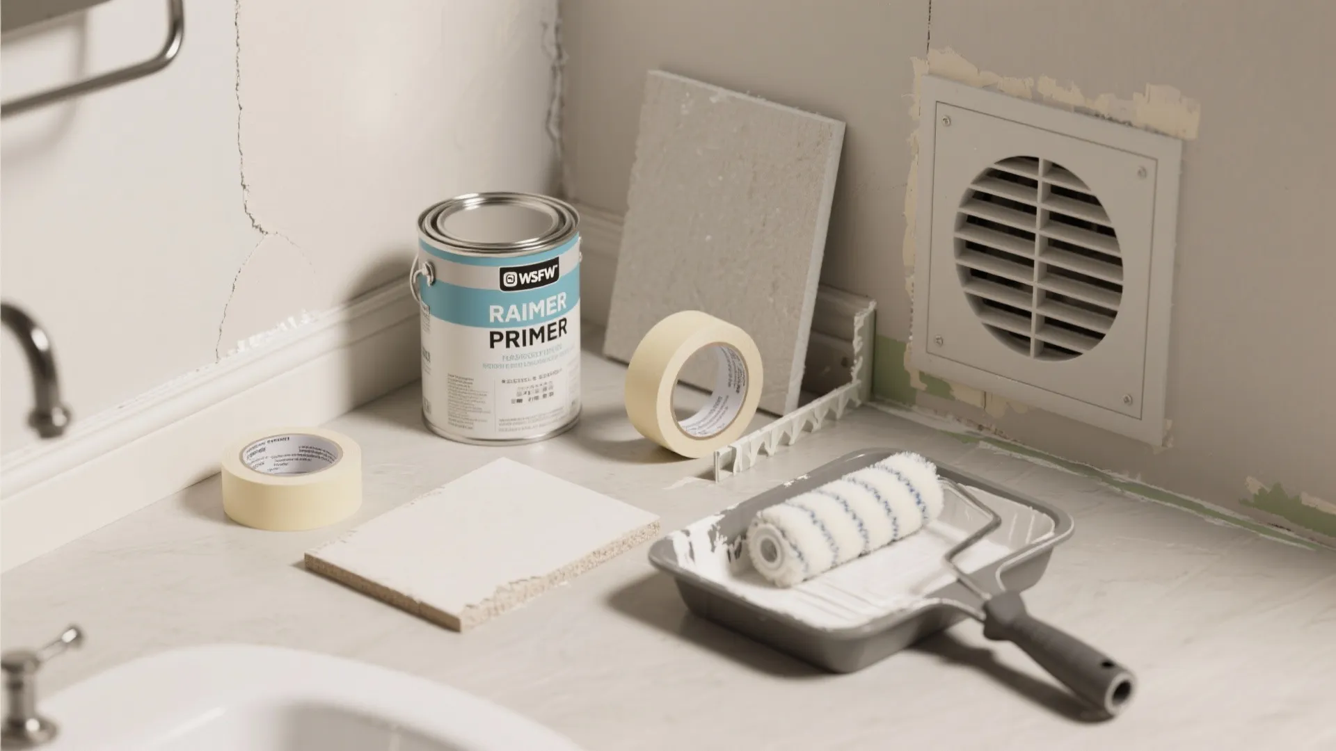 Home renovation tools including a paint can roller tray masking tape and samples on a floor