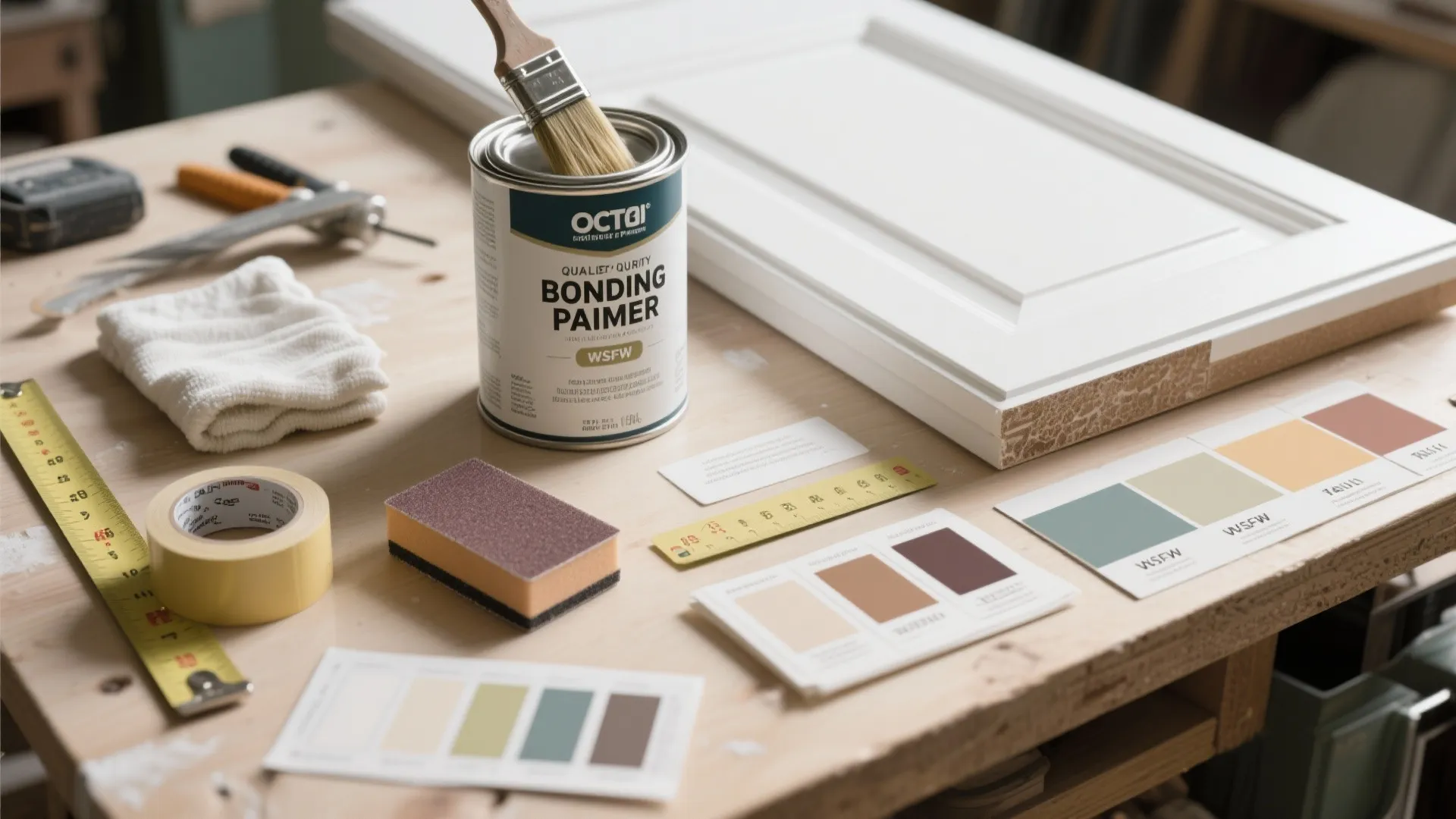 Cabinet painting tools on a workbench with paint primer brush sandpaper tape and color swatches