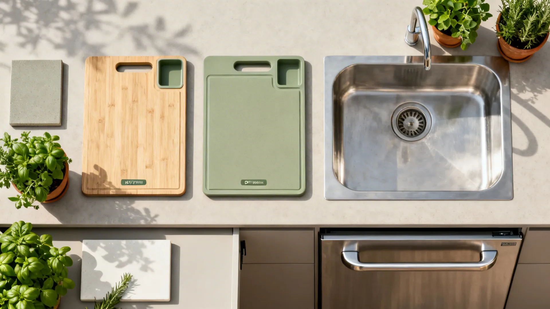 Flat lay of wooden and green cutting boards beside a stainless steel sink on grey countertop