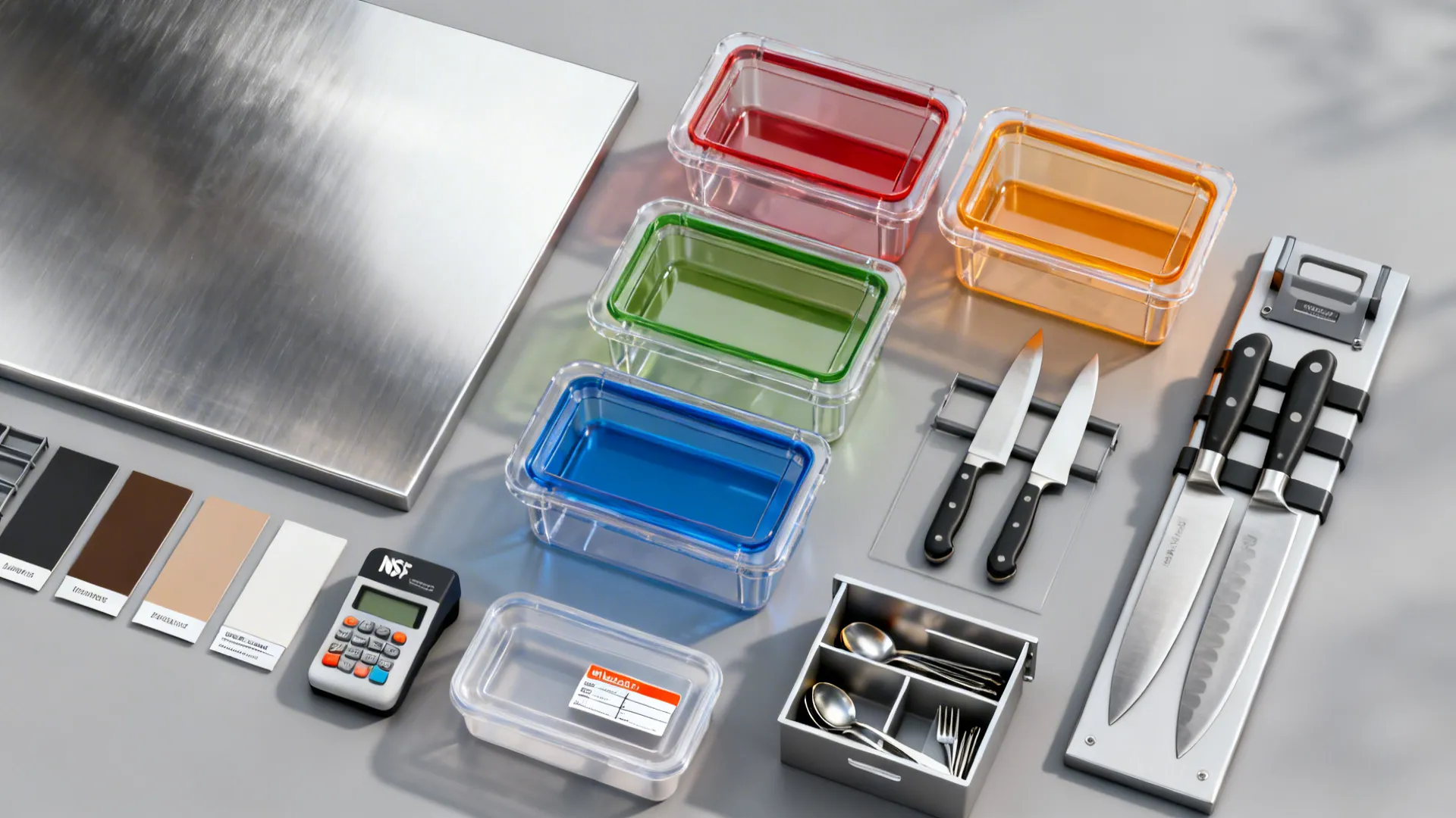 Flat lay of stainless samples, color bins, knives, labels, and shelving for a prep zone.