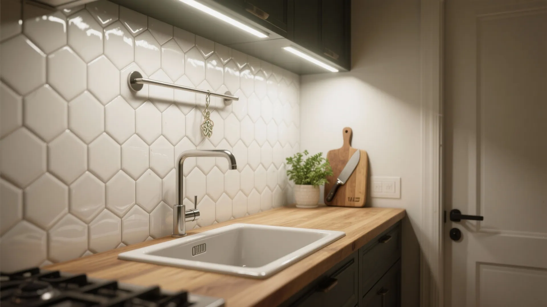 1: Highlight a compact prep zone with a glossy white hex backsplash