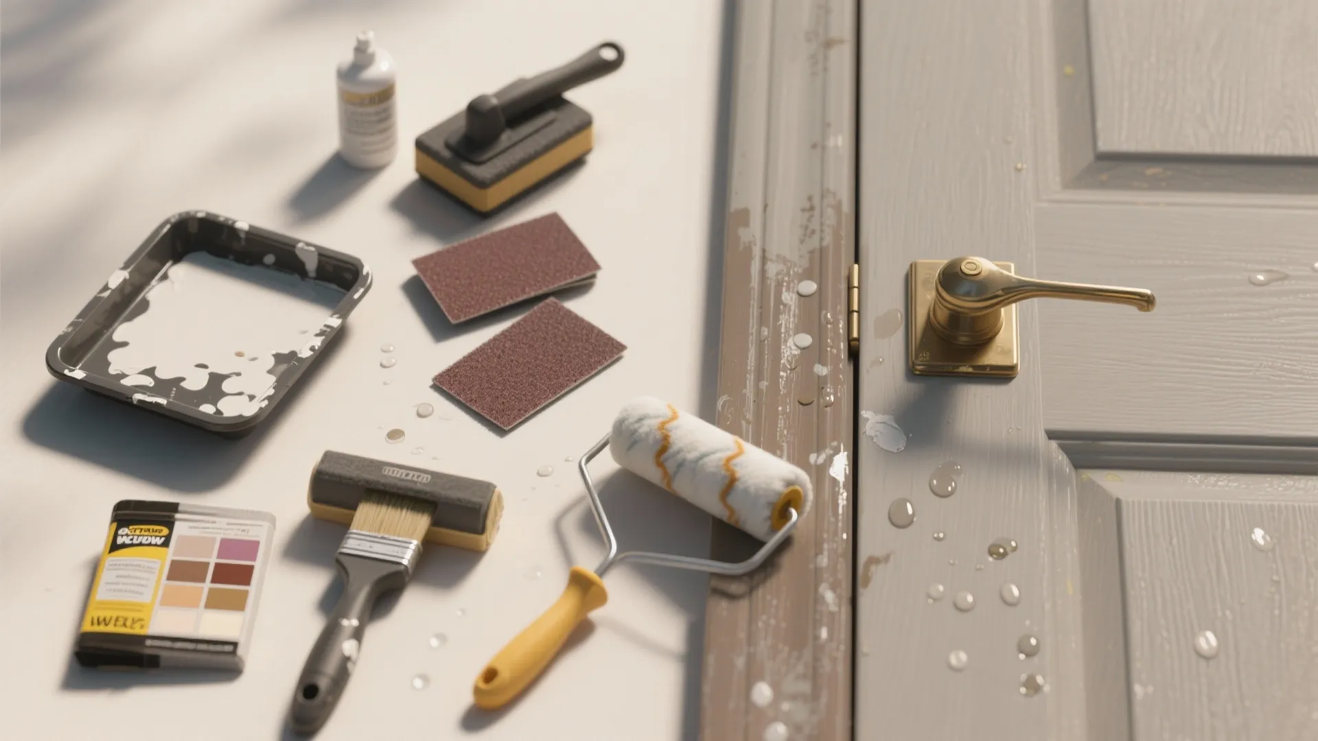 Top-down sequence of door preparation and painting tools illustrating sanding, priming and painting steps.