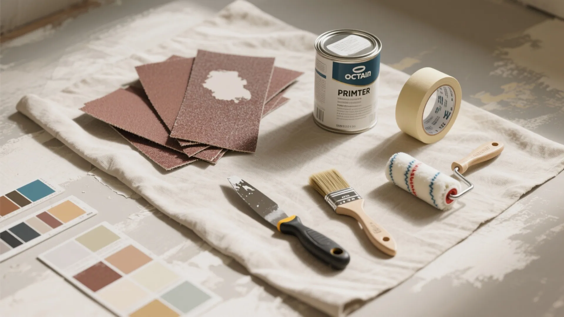 Collection of painting tools including sandpaper paint can tape roller and brush on a cloth