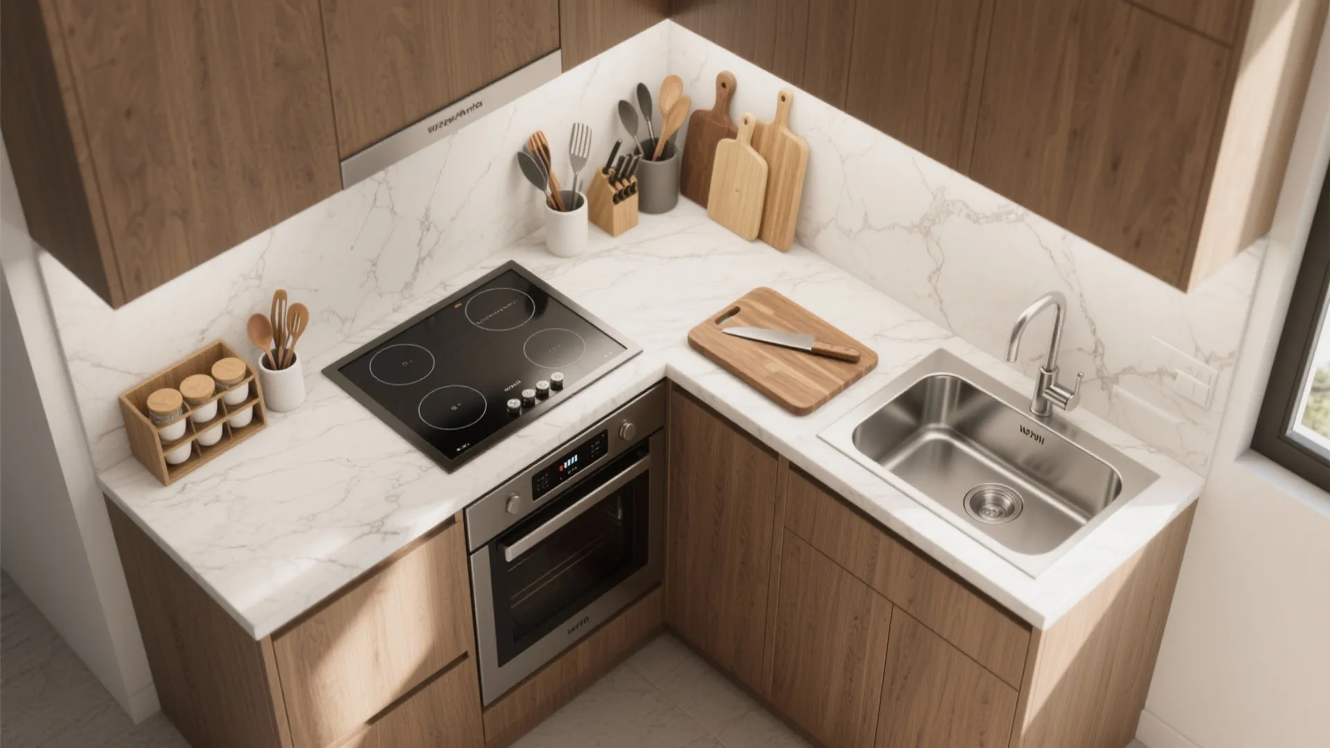 Modern kitchen corner with marble countertop wood cabinets induction cooktop sink oven and various cooking tools