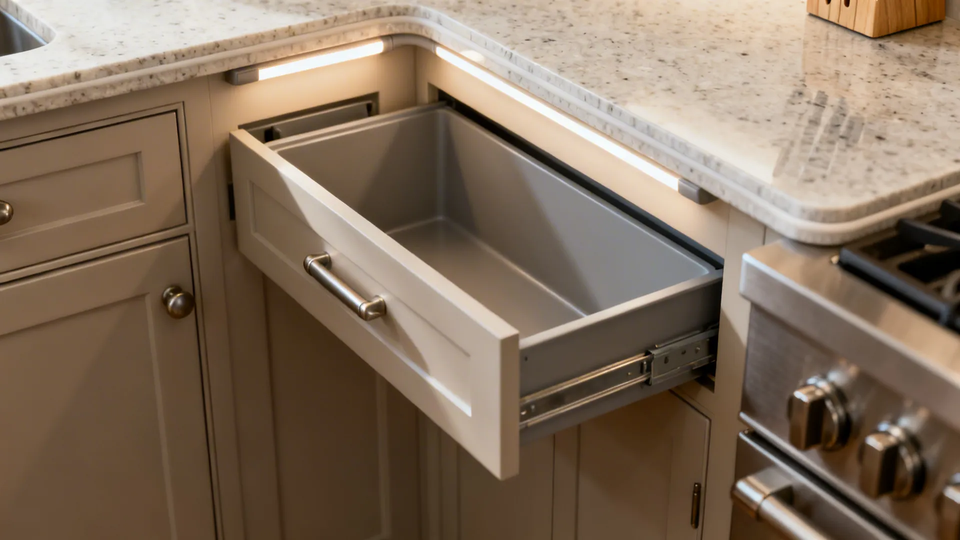 Macro detail of prep peninsula with pull-out trash and quartz edge.