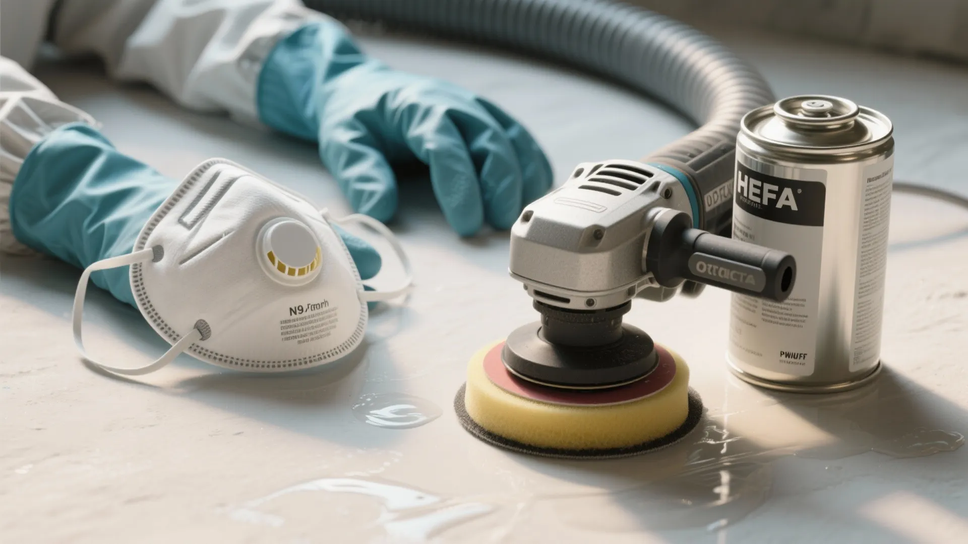 Professional floor polishing equipment with electric sander face mask blue gloves and a metal cleaning can