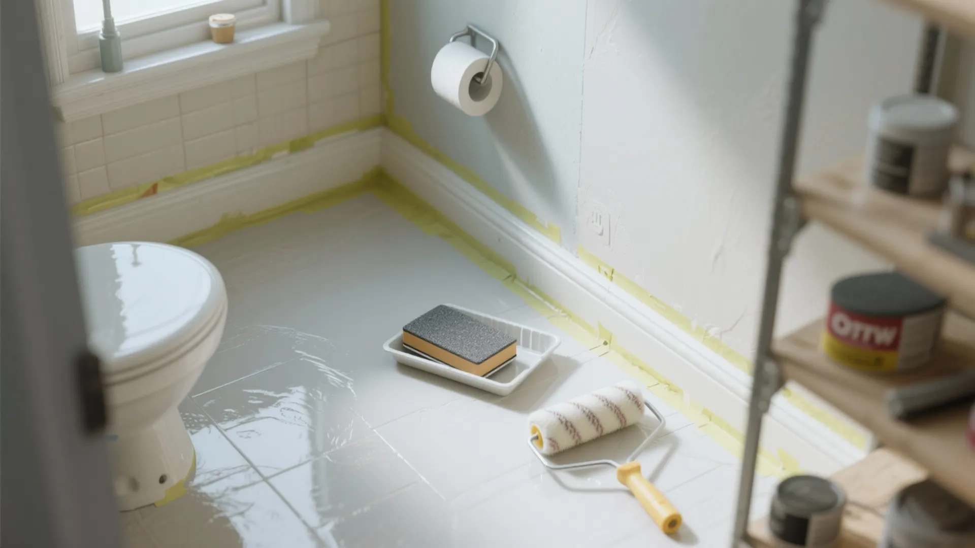 Bathroom floor and wall preparation for painting with masking tape and paint roller on floor