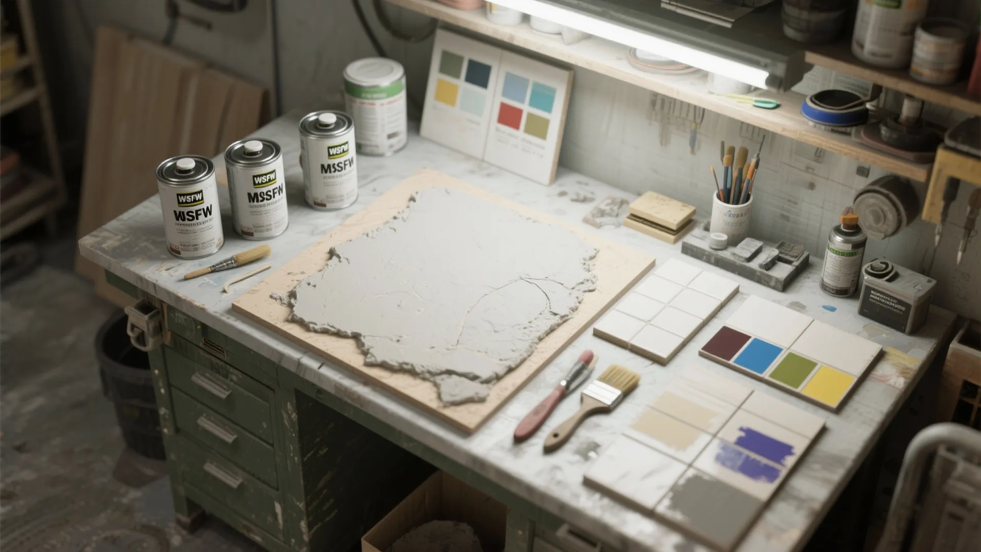 Workshop table with white paint cans color samples brushes and textured board for wall painting projects