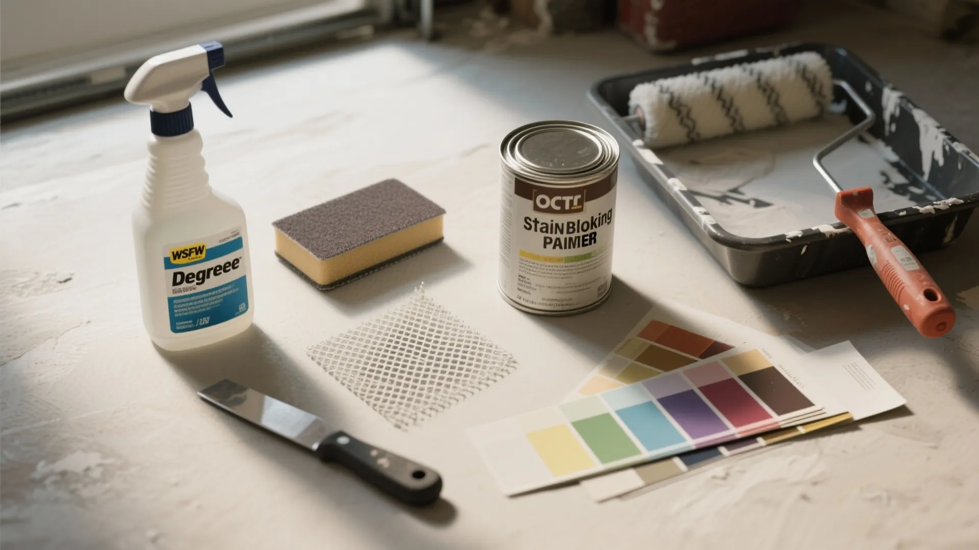 Painting supplies including spray bottle sponge metal scraper paint can roller and colorful color swatch cards