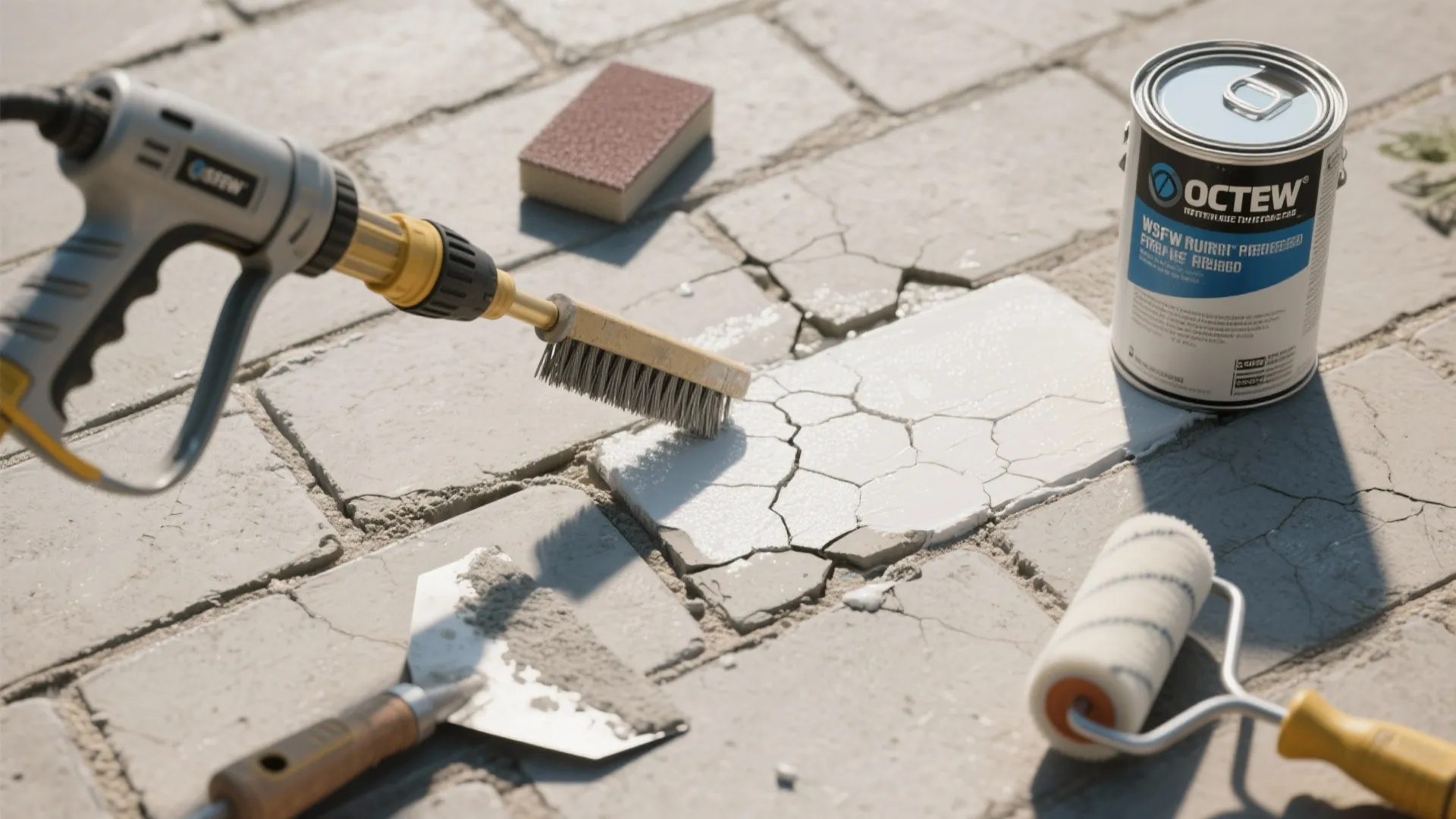 Cleaning and painting cracked concrete floor tiles with wire brush tool and white paint roller set
