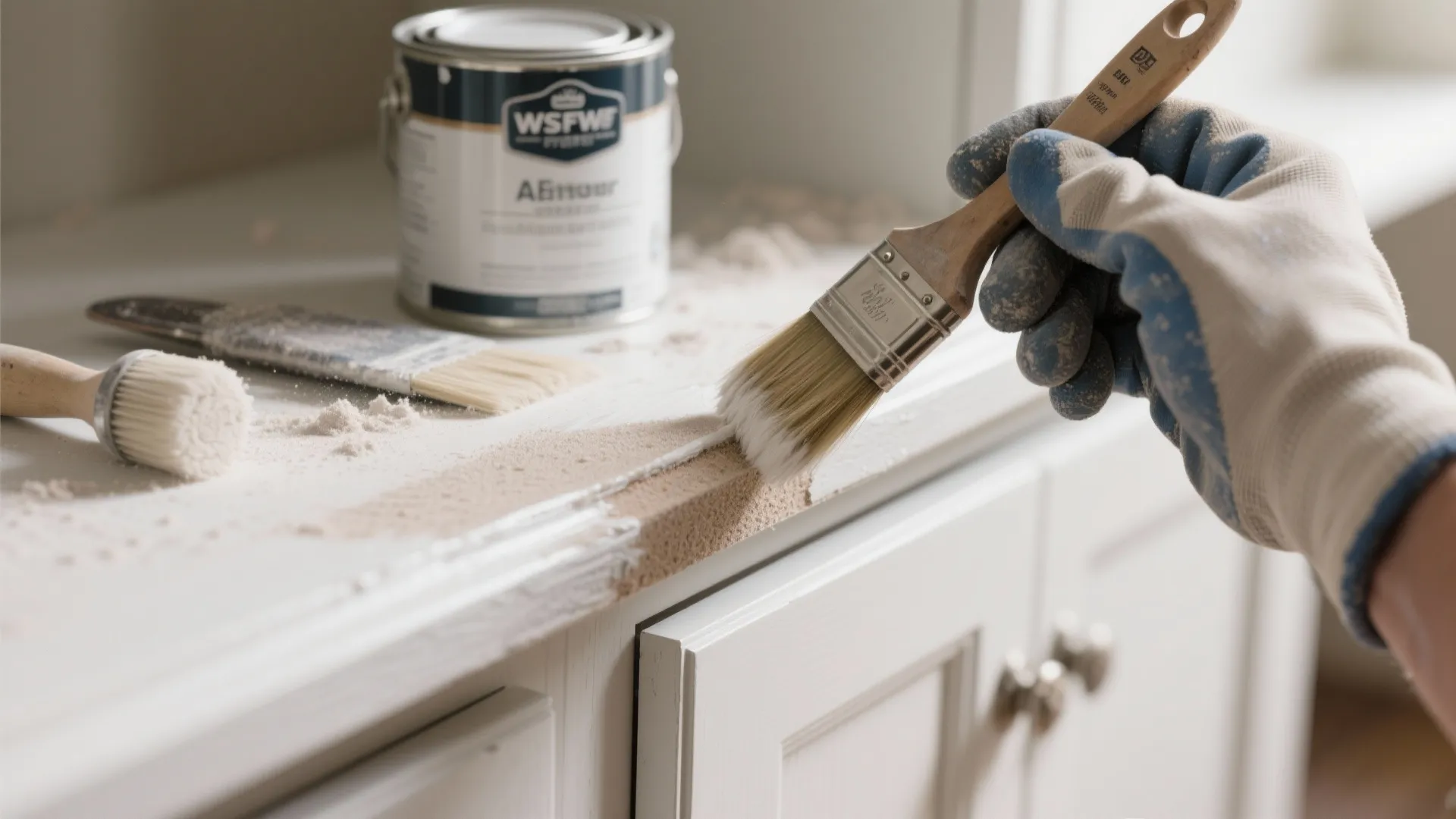 Hand wearing work glove using a paint brush to apply white primer onto a cabinet edge
