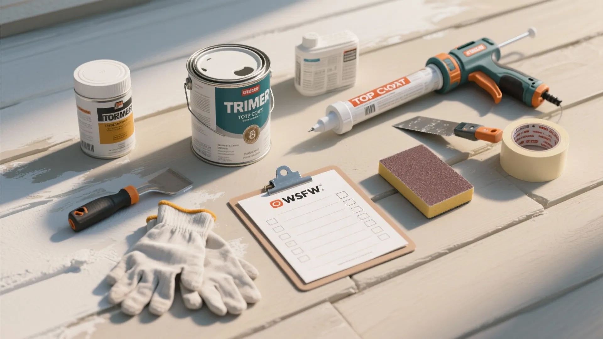 Home painting supplies including paint cans gloves tape sandpaper and a checklist on wood floor