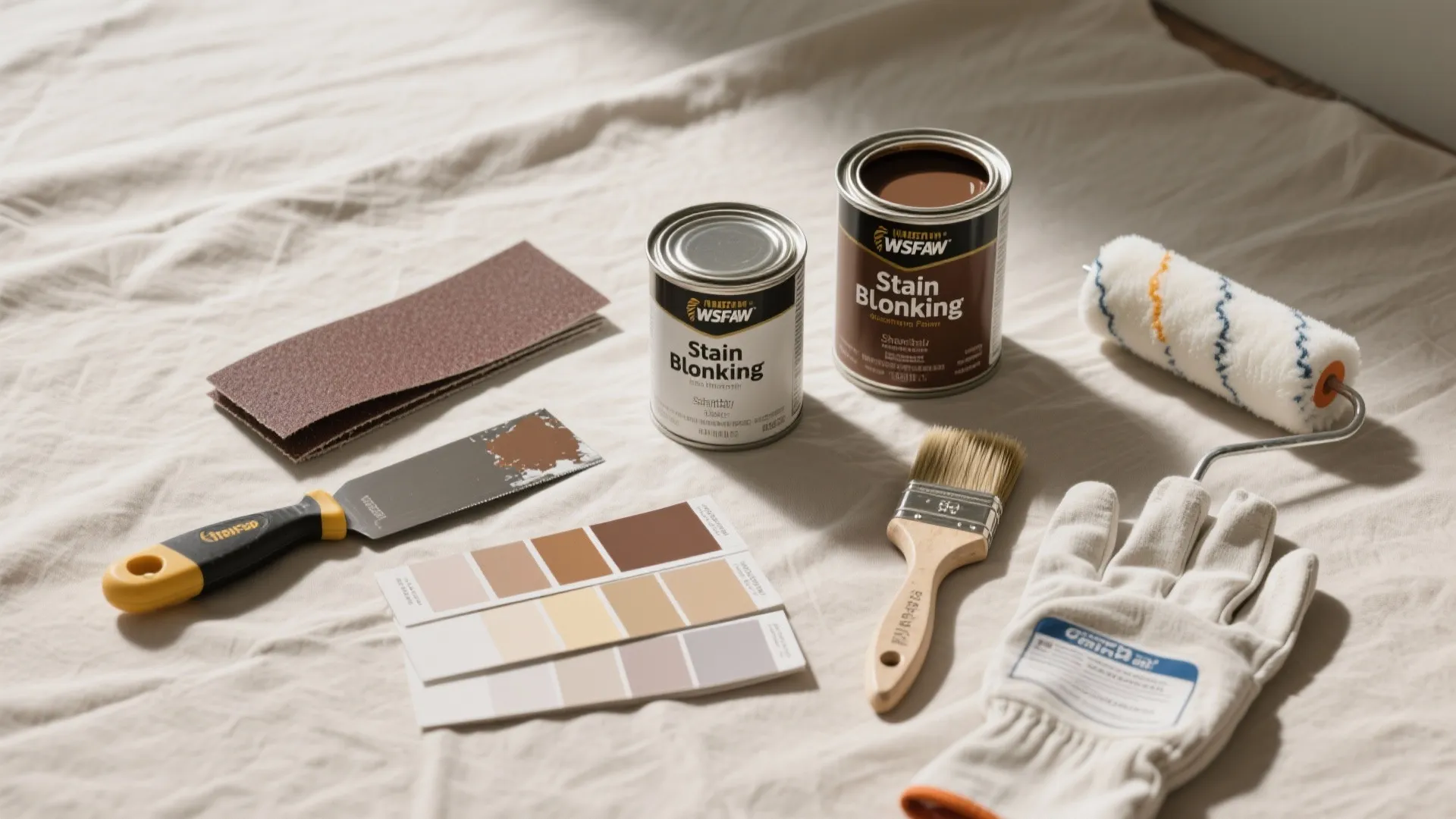 Painting supplies including stain cans sandpaper paint roller brush gloves and color samples on white cloth