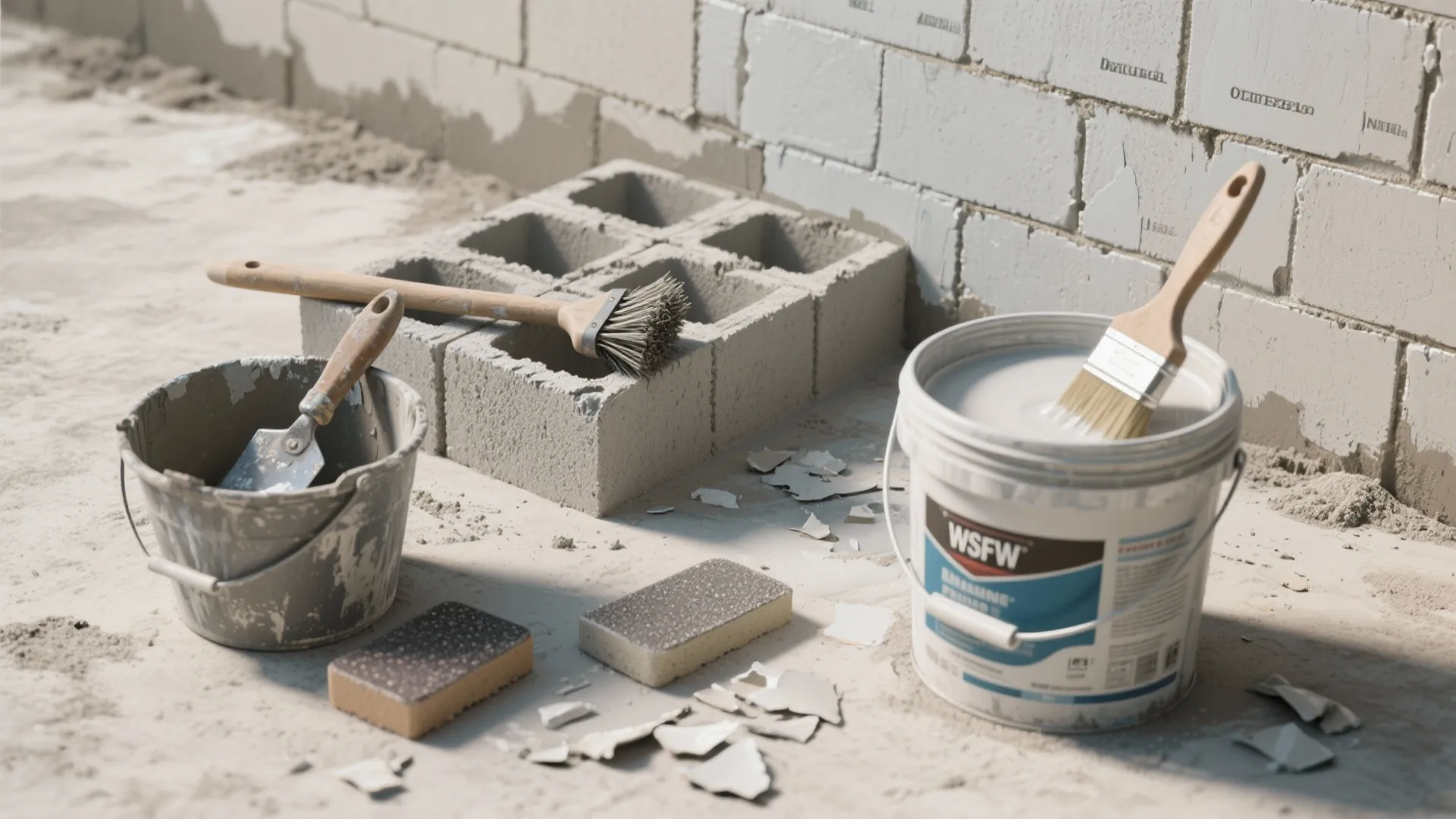 Top-down view of tools and materials for cleaning, patching and priming a cinder block wall.