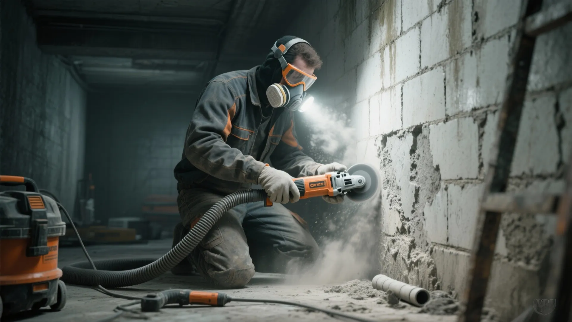 Tradesperson grinding efflorescence from a cellar wall during thorough surface preparation.
