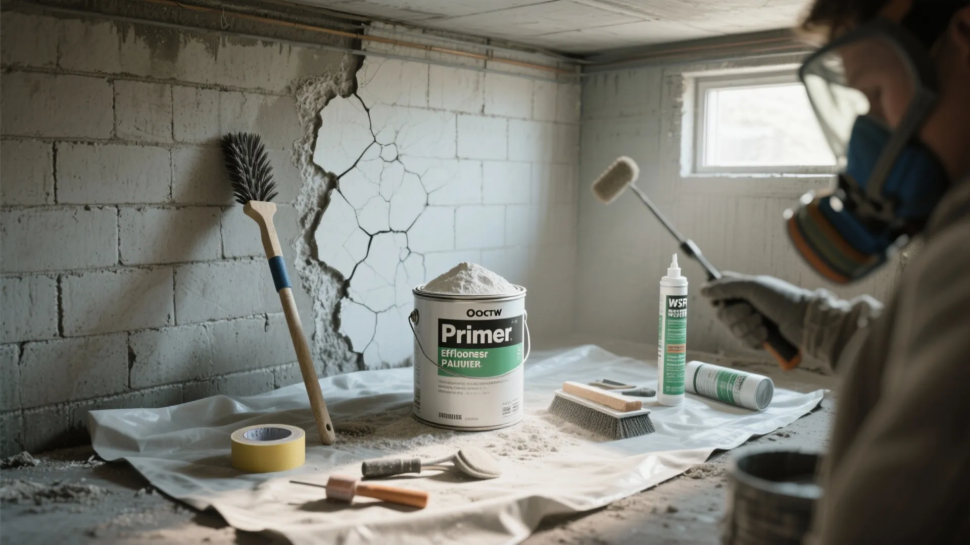 Basement renovation area with paint bucket brushes roller and worker in mask preparing white brick walls