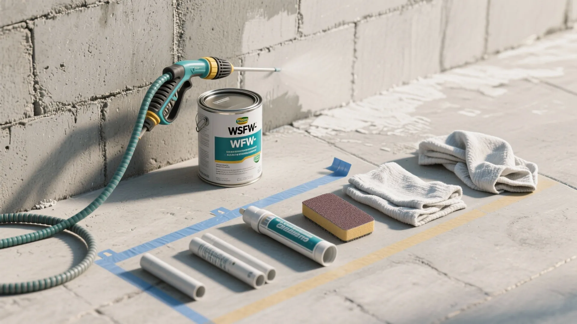 Tools for wall painting including spray gun paint can sponge tape towels and white tubes