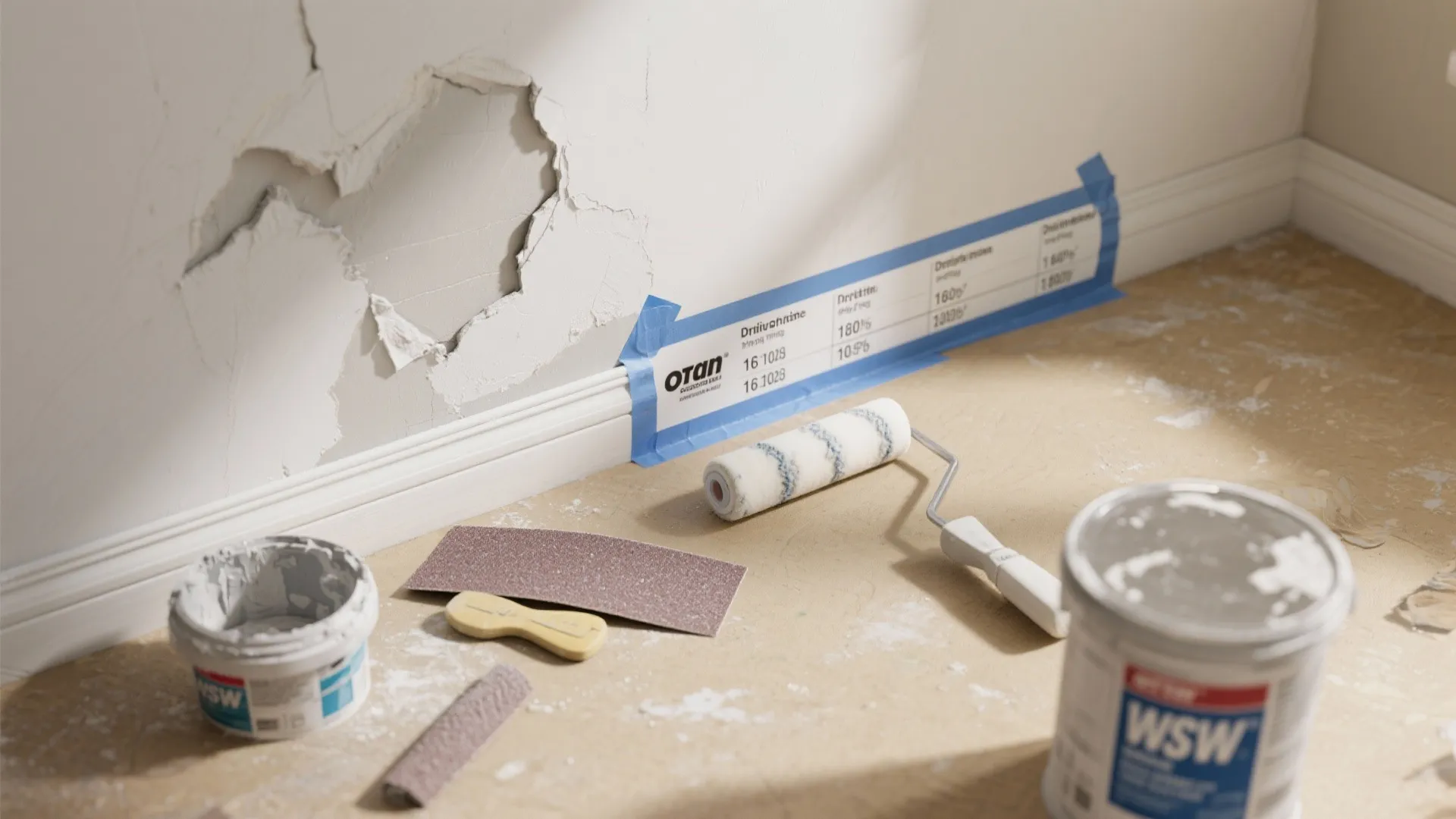 Top-down view of paint prep: sanding, patching, taping, and priming tools in sequence.