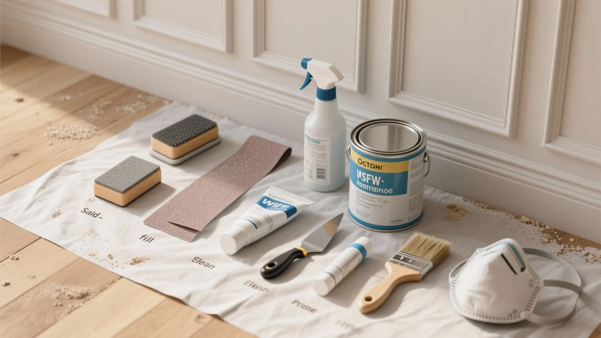 Home renovation tools including paint bucket brush spray bottle sandpaper and mask on white wall panel