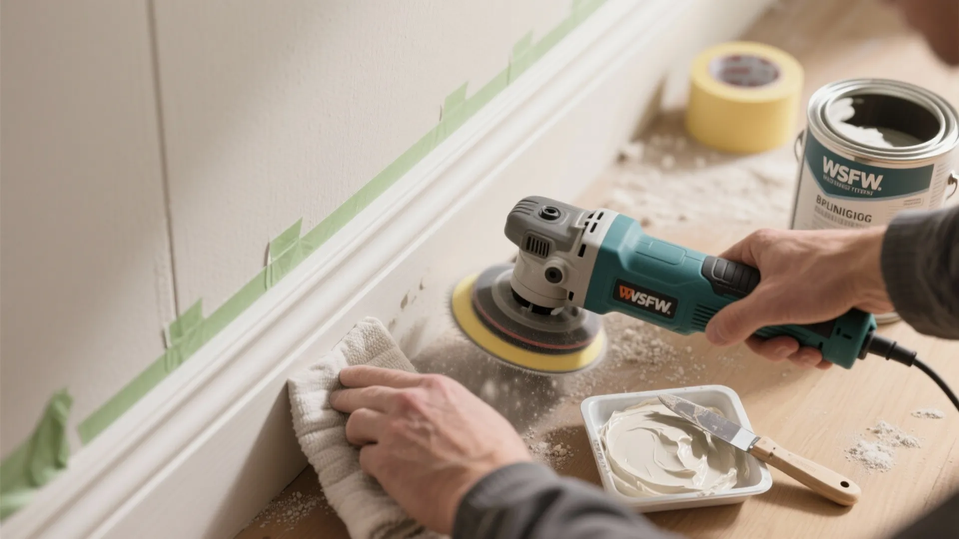 Hand holding a power tool to sand a white wall panel next to paint supplies