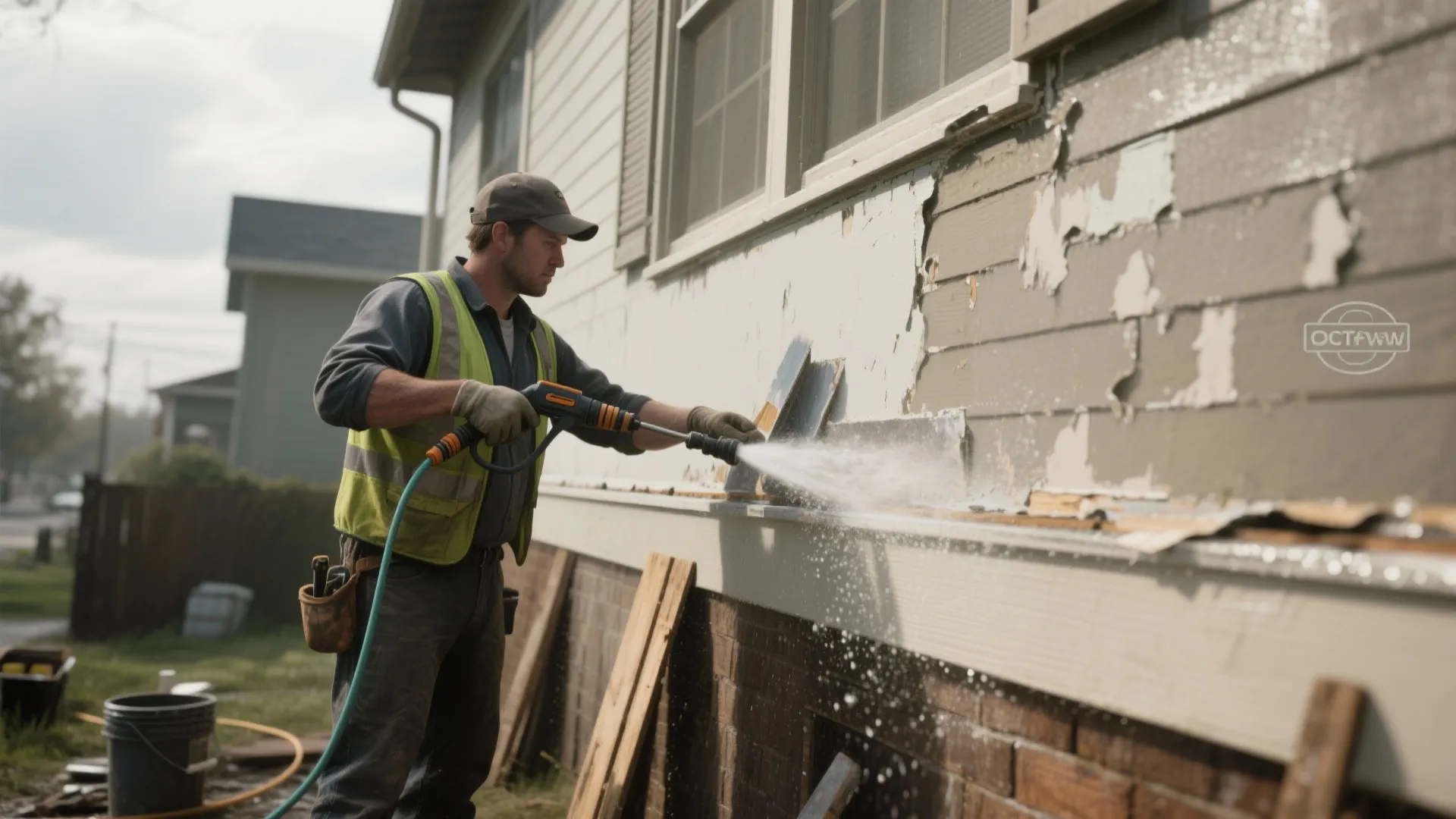 Professional worker using high pressure water to remove peeling paint from exterior wall of house