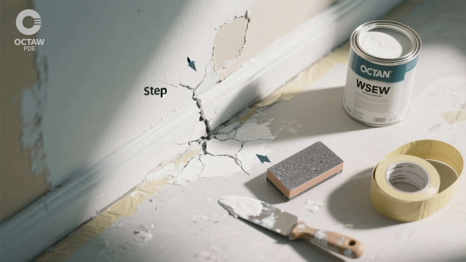 Top-down view of painting prep tools: sanding block, putty knife, primer and patched drywall.