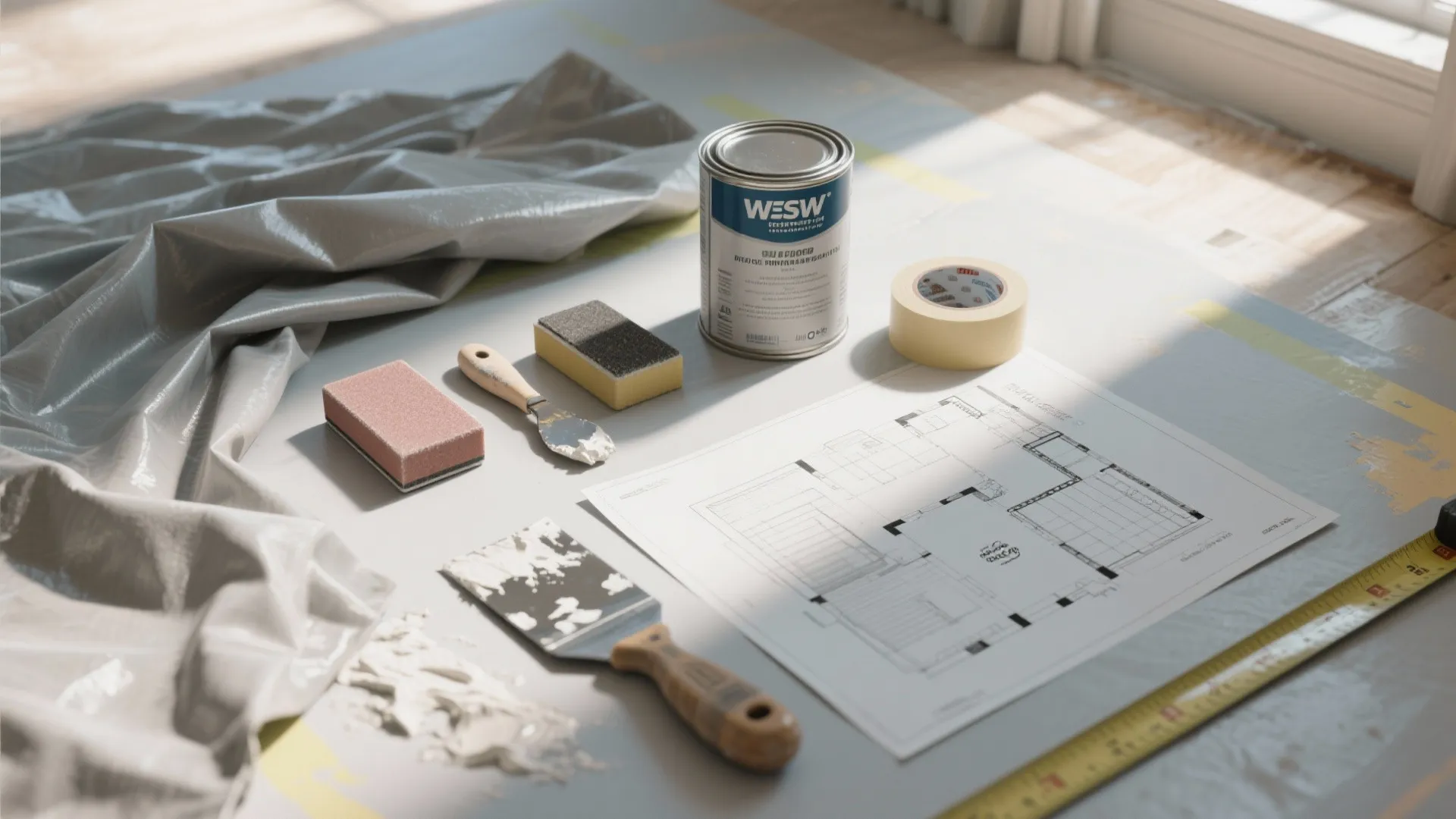 Top-down view of organized painting prep tools including sandpaper, spackle, primer can, tape and a printed floor plan.