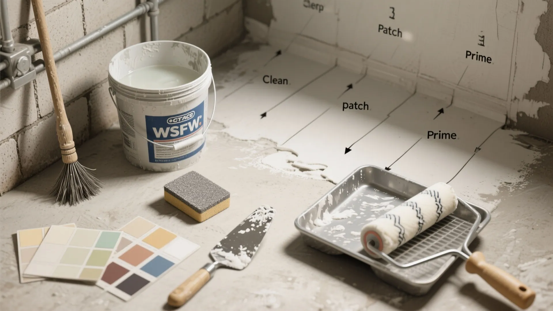 Basement floor preparation tools including paint buckets color swatches paint rollers and a small hand brush