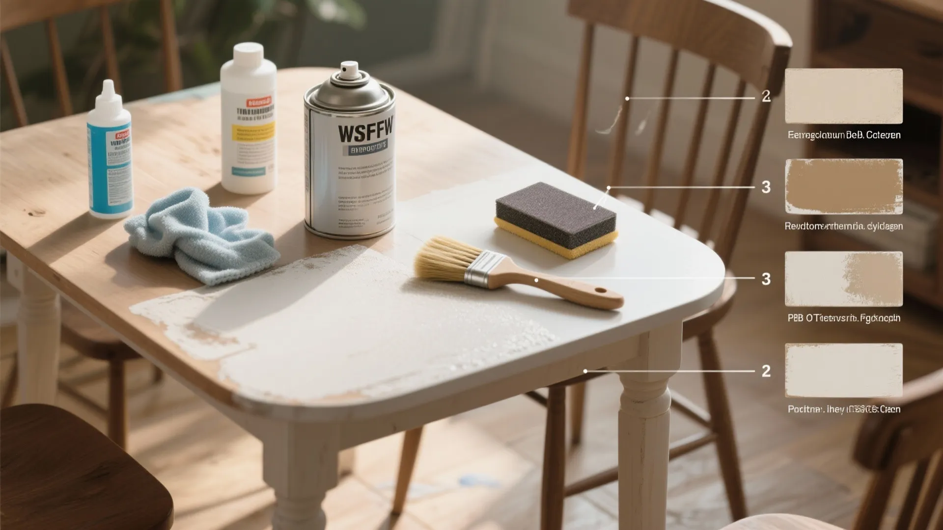 Top-down view of table prep tools including sandpaper, primer, foam brush and sample boards