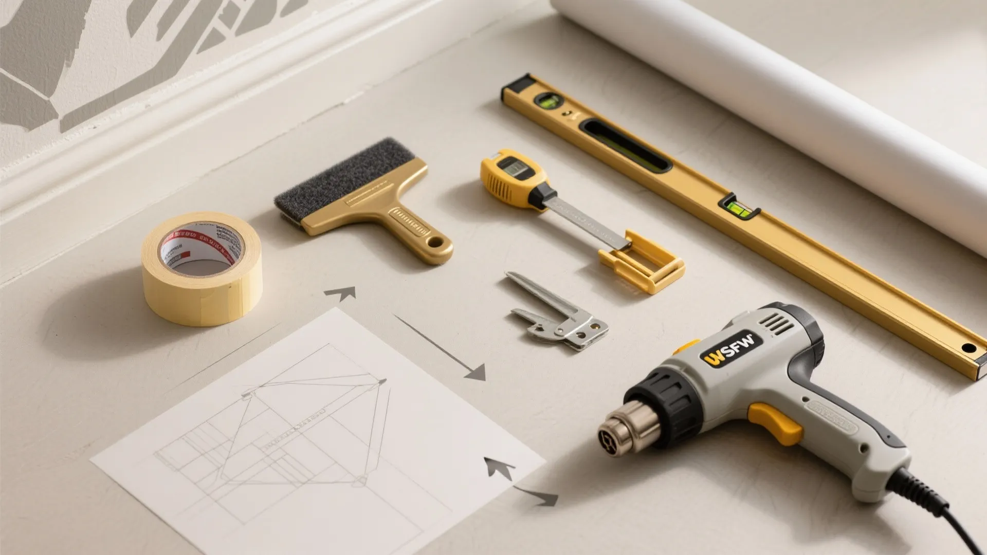 Top-down flat-lay of wall decal installation tools with mapped steps and centerline guides