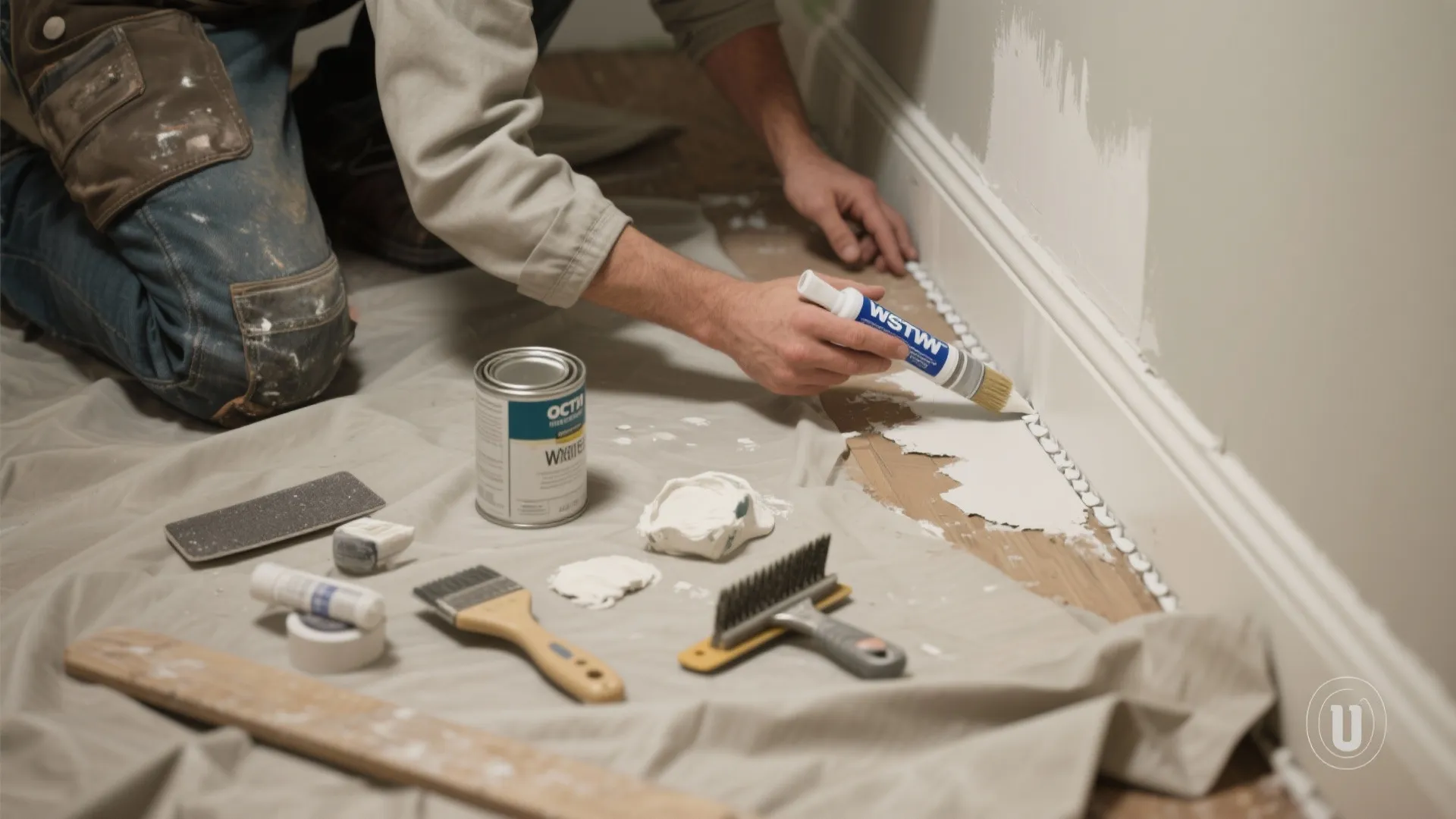 Top-down view of prep work: caulking, patching, sanding and primer tools neatly arranged.