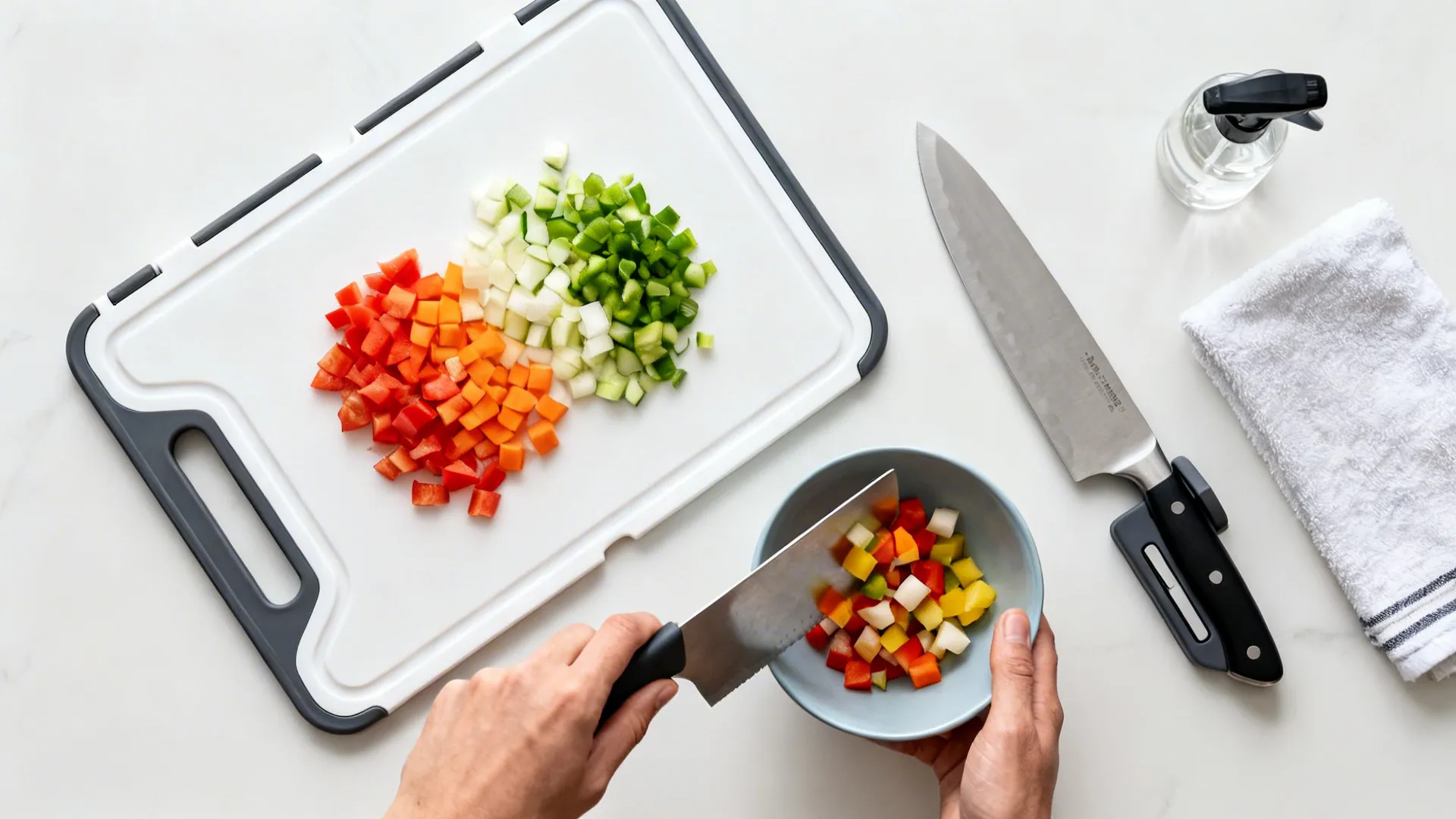 Person using a kitchen knife to scoop chopped colorful peppers from white board into bowl