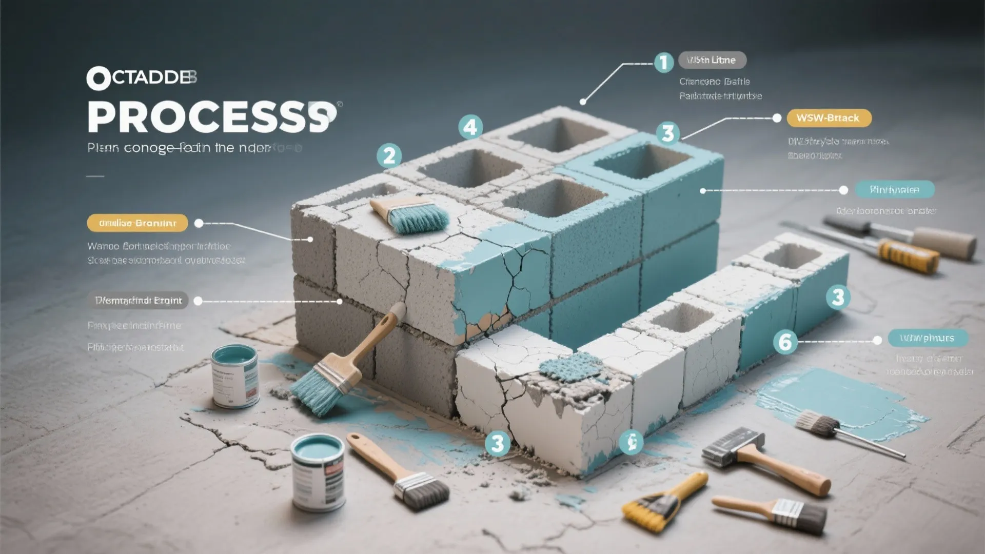 Diagram showing the step by step process of painting and repairing a concrete block wall